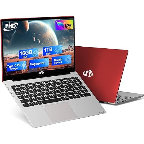 NIMO 15.6 IPS FHD-Laptop, 16GB RAM 1TB SSD Intel Pentium Quad Core N100, Computer with Backlit Keyboard Fingerprint (Beat to i3-1115G4 Up to 3.4GHz) Laptops for Student, Win 11 Red