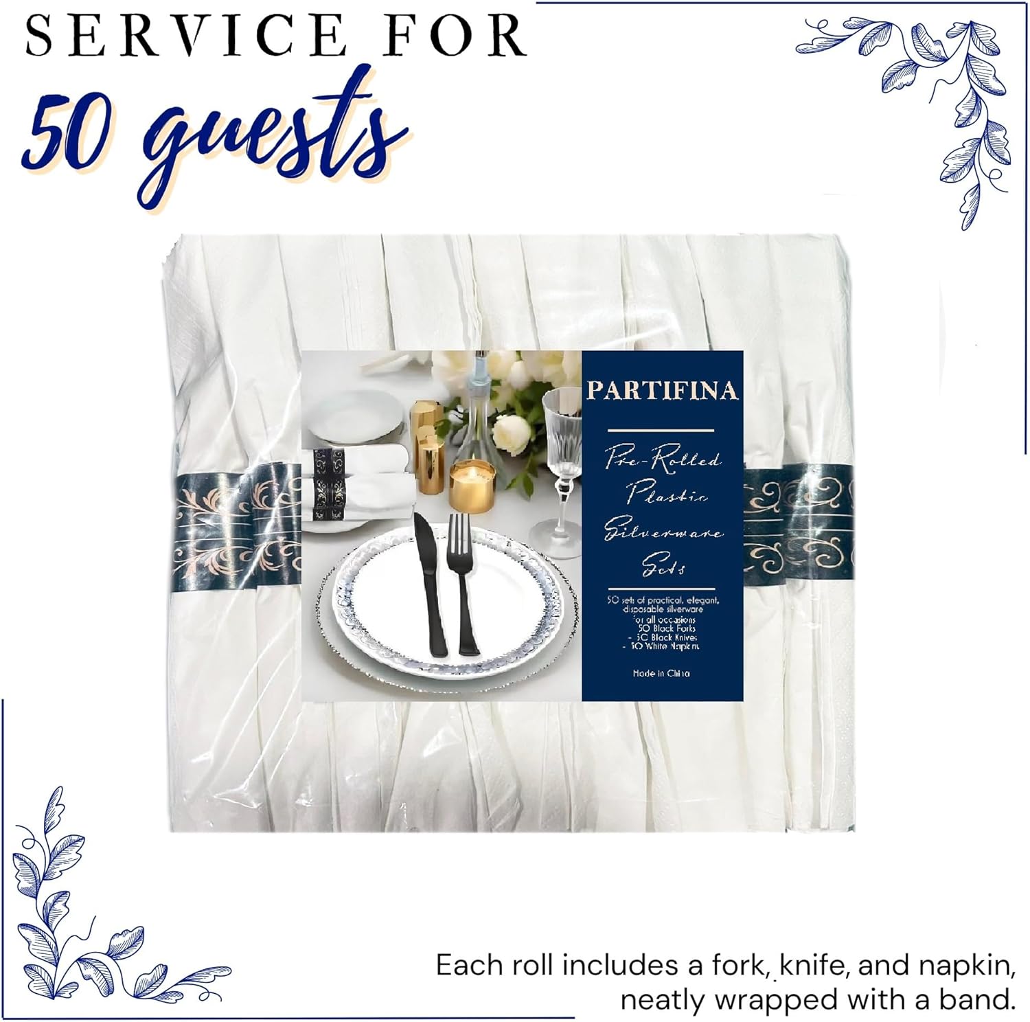 Pre Rolled Silverware Set Disposable with Napkin, Plastic Wrapped Cutlery - Forks, Knives- for Indoor or Outdoor Parties, Events, Gatherings, Dinners, Weddings, Caterings, 50 Packs, Silver