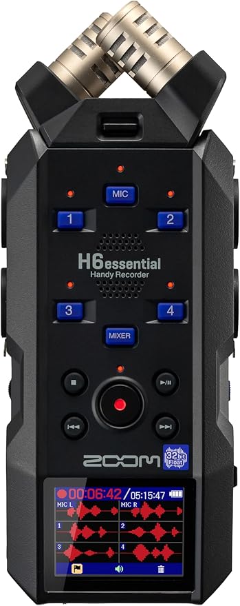 Zoom H6essential with 32-Bit Float, Accessibility, 6-Track Portable Recorder, Stereo Microphones, 4 XLR/TRS Inputs, Records to SD Card, USB Audio Interface, for Musicians, Podcasters, Filmmakers