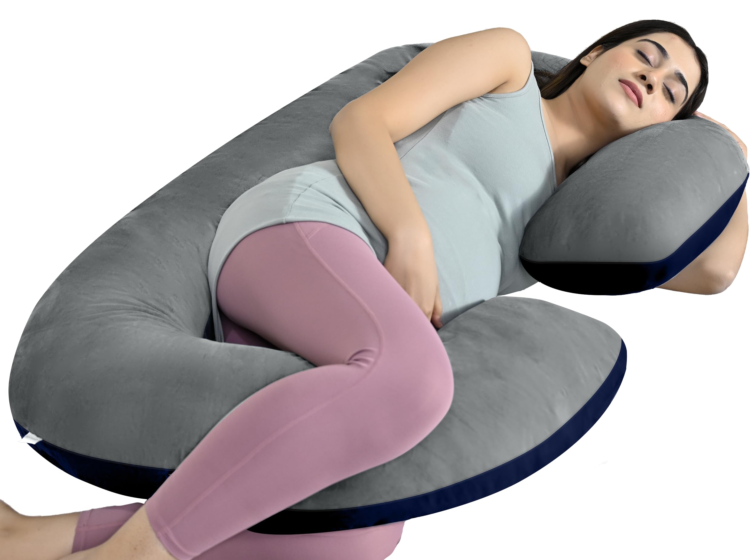 Cherilo Full Body C Shaped Pregnancy Pillow for Pregnant Women and Nursing Mom | Single Pillow for Multipurpose Use During Maternity | Premium Velvet Outer Cover with Zip |Grey+Navy Blue-image-35