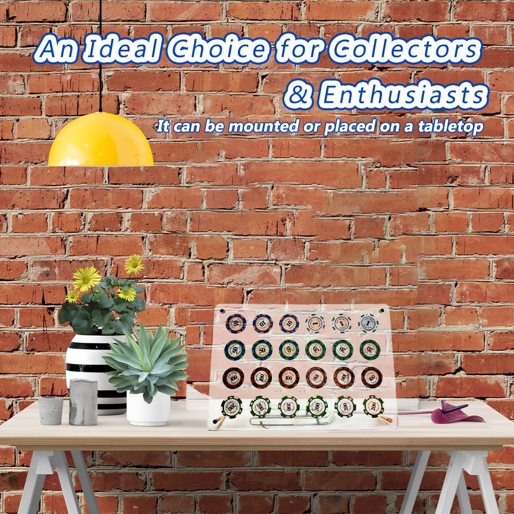 Porte-jetons de poker + 2 cartes coupées, présentoir de jetons de casino pour 24 jetons de poker, cadre en acrylique pour collectionneurs de pièces et fournitures, montage mural ou de table (34 x 23