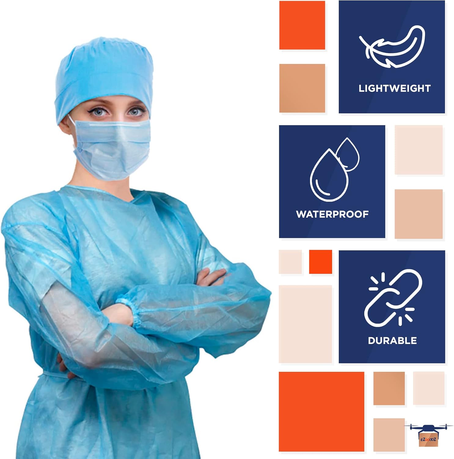 EZGOODZ Blue Disposable Isolation Gown 45 inches Long. Pack of 30 PPE Gowns Disposable. 2X-Large Personal Protective Gown Disposable. Unisex Plastic Medical Gowns Fluid Resistant
