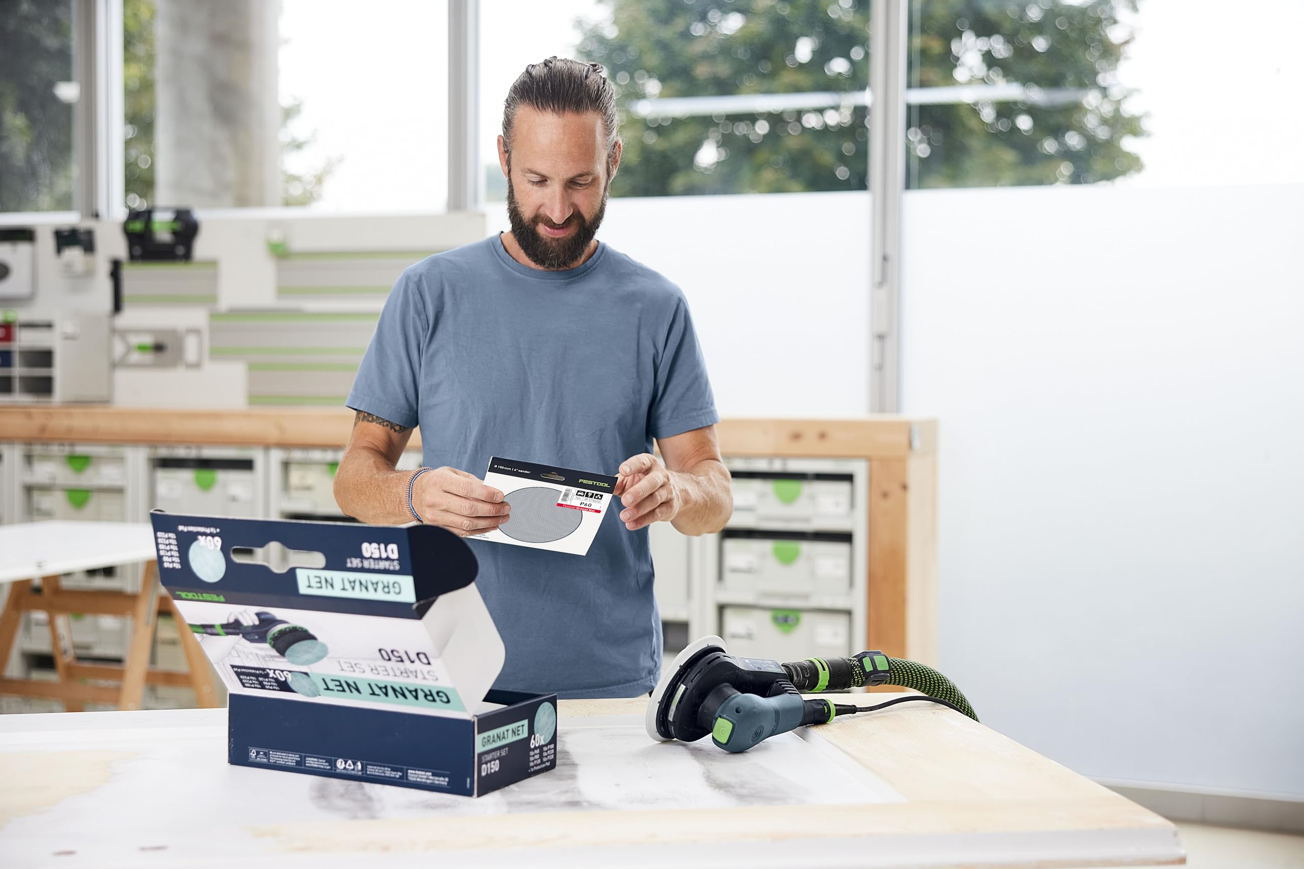 Festool Granat Net D150 GR Netzschleifmittel Set für Exzenterschleifer | Effizientes Schleifgitter-Sortiment mit Protection Pad für 150mm Schleifteller, hohe Absaugung & Materialabtrag