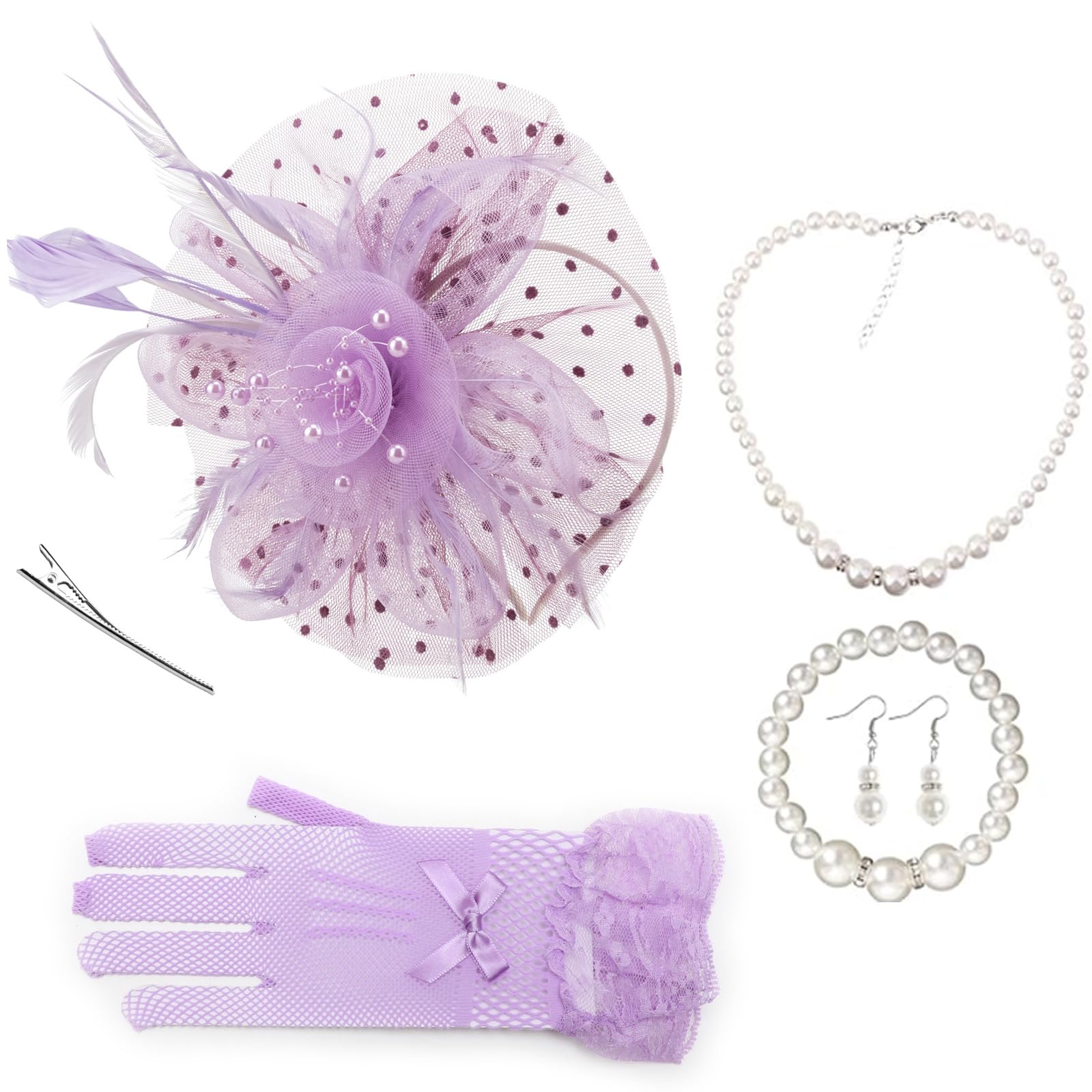 AQOKKA Women Fascinators Hats Veil Mesh Tea Party Derby Hat Bow Lace Gloves Pearl Jewelry Set for Women Cocktail Wedding