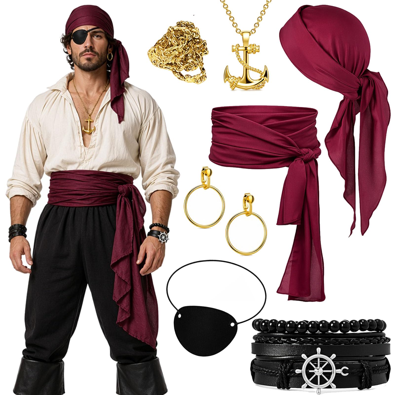 JRZYTX 8 Pcs Pirate Costume Accessories Set for Adults Pirate Fancy Dress with Hat Bandana Sash Belt Eye Patch Earrings Necklace Bracelet for Halloween Pirate Role Play Party (Style-2)