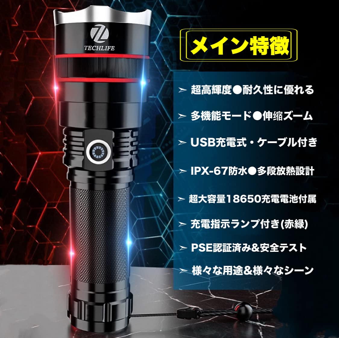 Amazon.co.jp: LED懐中電灯 超強力 超高輝度軍用 最強 ハンディ