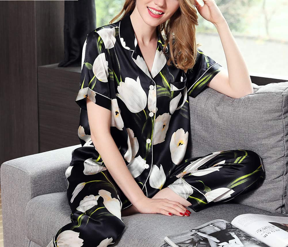 E-girl Damen 100% Seide bedrucktes Kurzarm Pyjama‑Set,EU 38-42