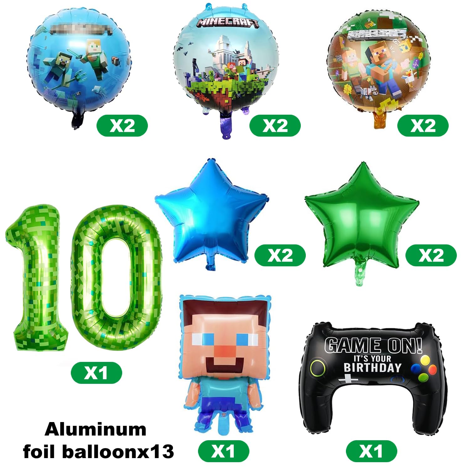 Set di 10 decorazioni per compleanno, 13 pezzi, set di 13 palloncini Pixel per ragazzi, sacchetti di compleanno, palloncini e decorazioni per feste dei bambini, sacchetti regalo per 10 anni di