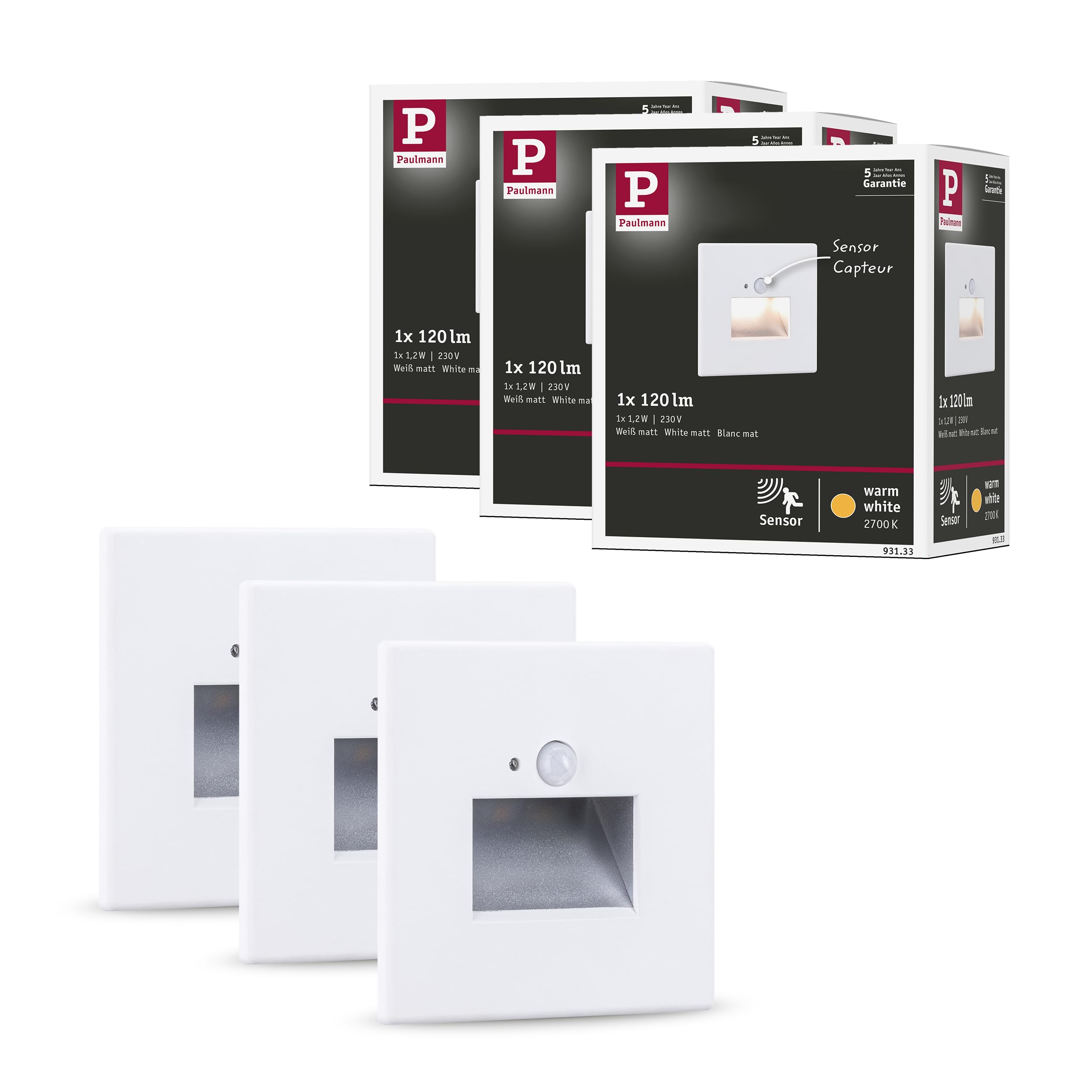 Paulmann 5271 Set LED Wandeinbauleuchte Edge 3er-Set 80x42 mm 3x1,2W 3x25lm 230V 2700K Weiß matt