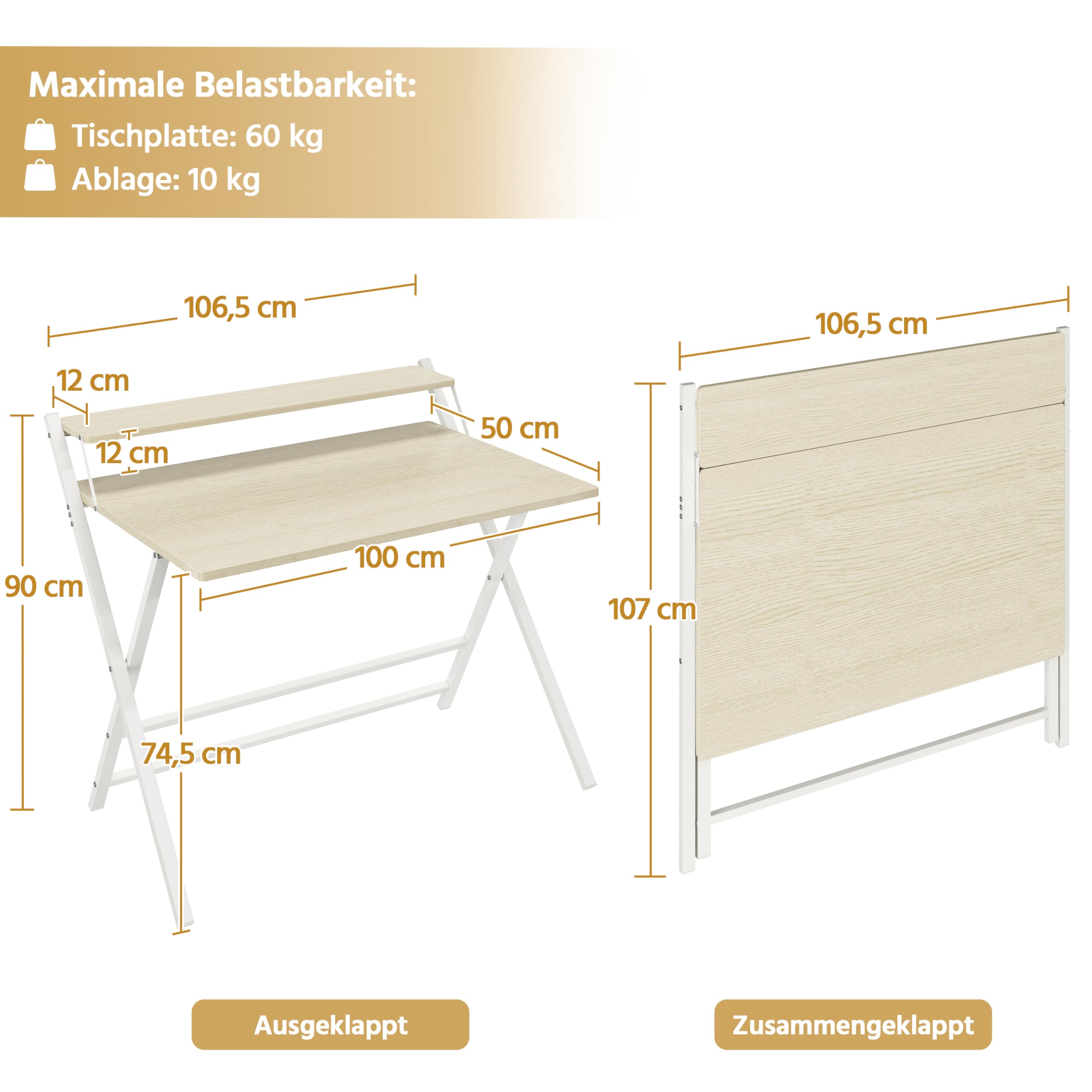 Yaheetech Schreibtisch Klappbar, 100 cm Computertisch mit Ablage, 2-Stufiger Arbeitstisch mit Monitorständer, Laptoptisch für Homeoffice/Kleine Räume/Wohnzimmer, Helle Holzfarbe/100 cm L × 50 cm B | 2-Stufiger Arbeitstisch mit Monitorständer, Laptoptisch