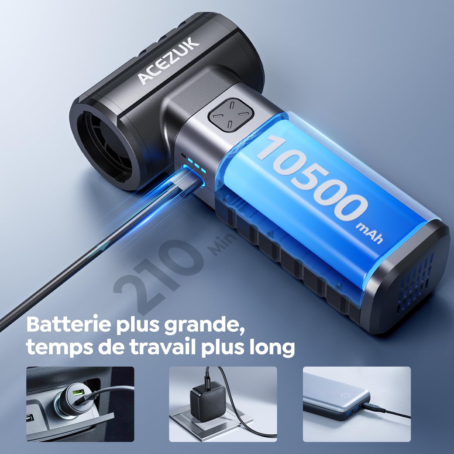 Souffleur Air Comprimé 300000TR/Min, Dépoussiérant Puissant Électrique avec 10500mAh Batterie, Souffleur PC à 4 Vitesses, Bombe Air Sec pour Voiture, Kit de Nettoyage de Clavier d'Aspirateur