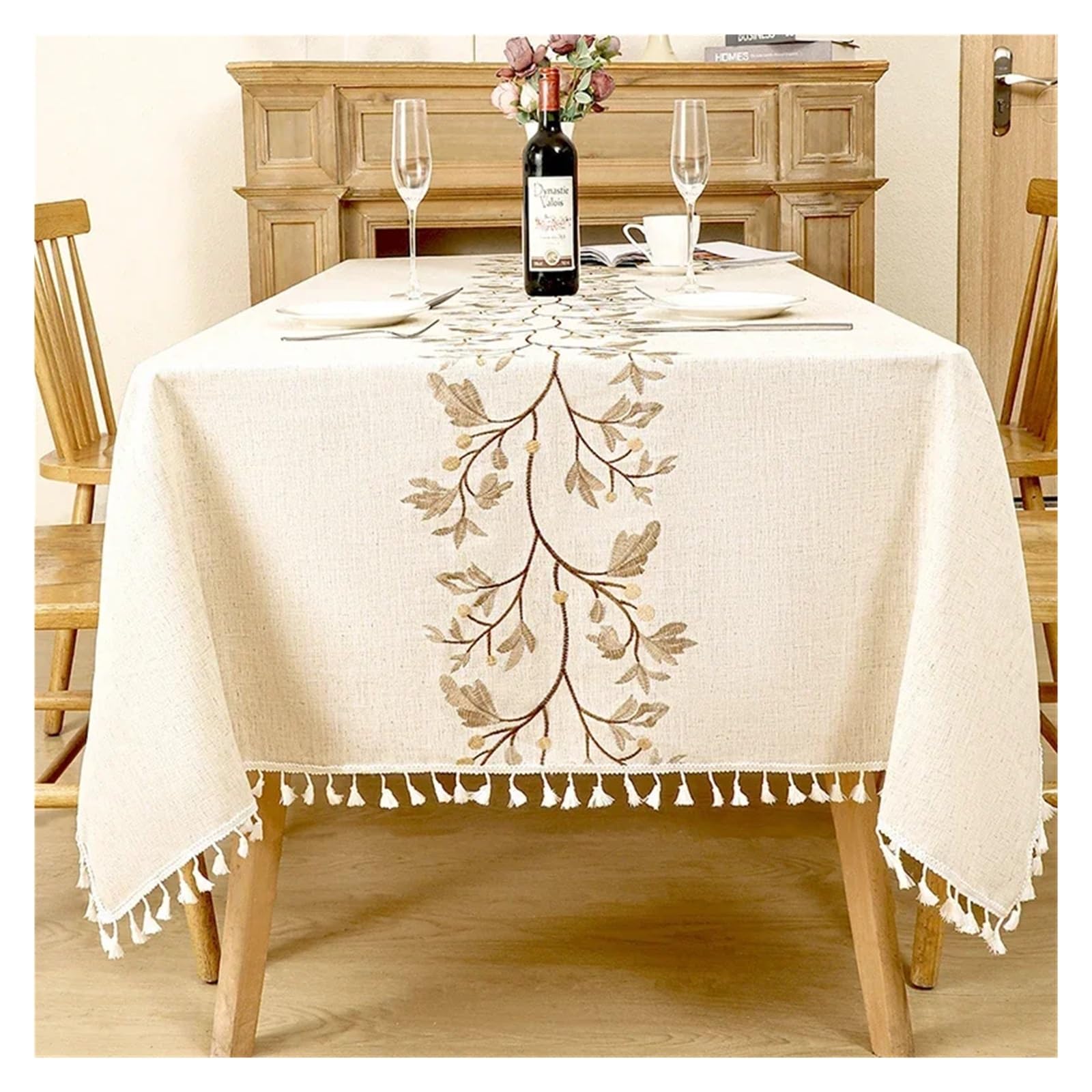 Mzsklw Khaki Flower Waterproof Tablecloth Rustic Embroidery Tablecloths Cotton Linen Pattern Rectangle Waterproof Table Covers For Kitchen Living Room Decor(,140X300cm 1Pc)