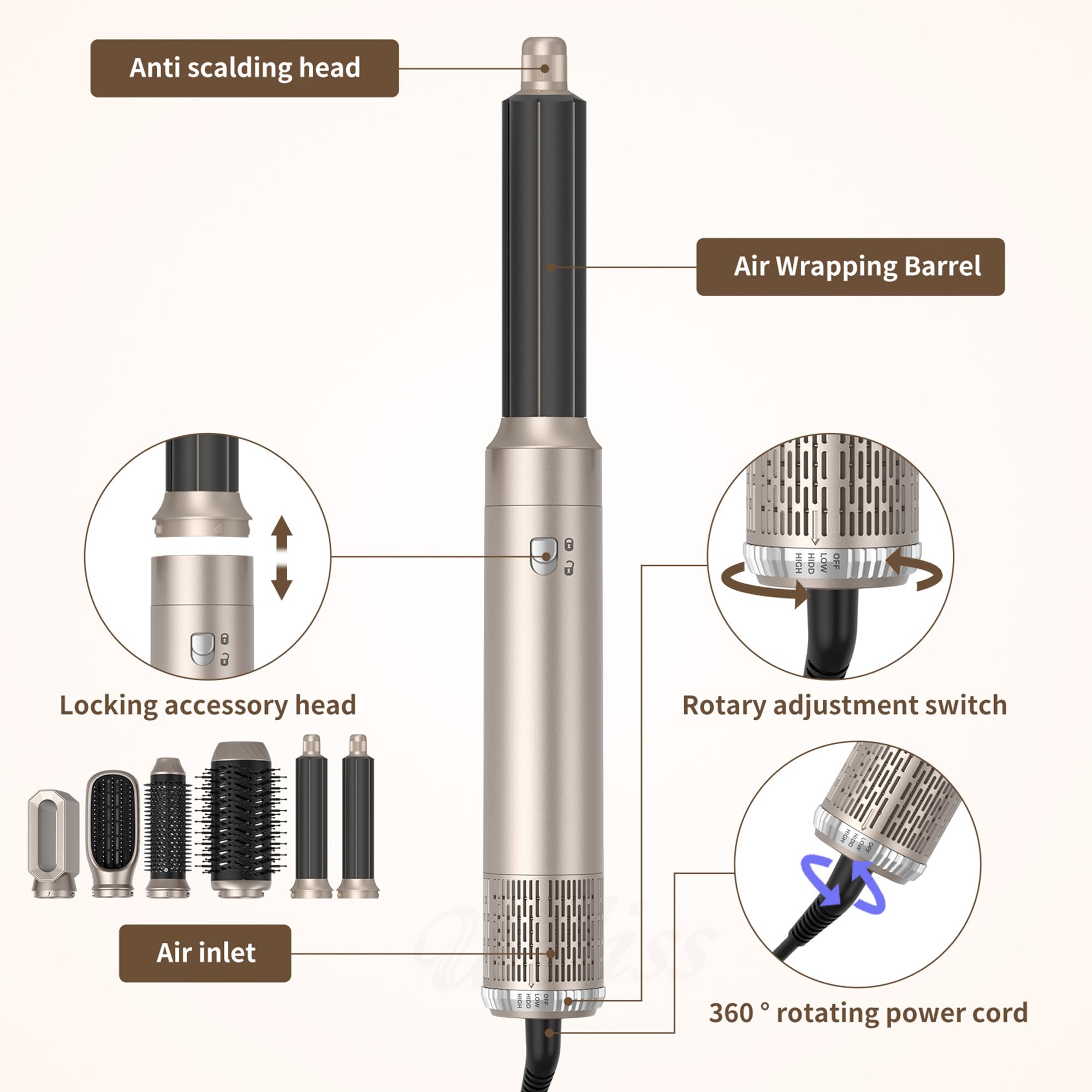Asciugacapelli Air Styler 6 in 1, Multi Hair Styler Set spazzola riscaldante brushing dispositivi e di acconciatura per capelli ricci e lisci, temperatura velocità del vento regolabile