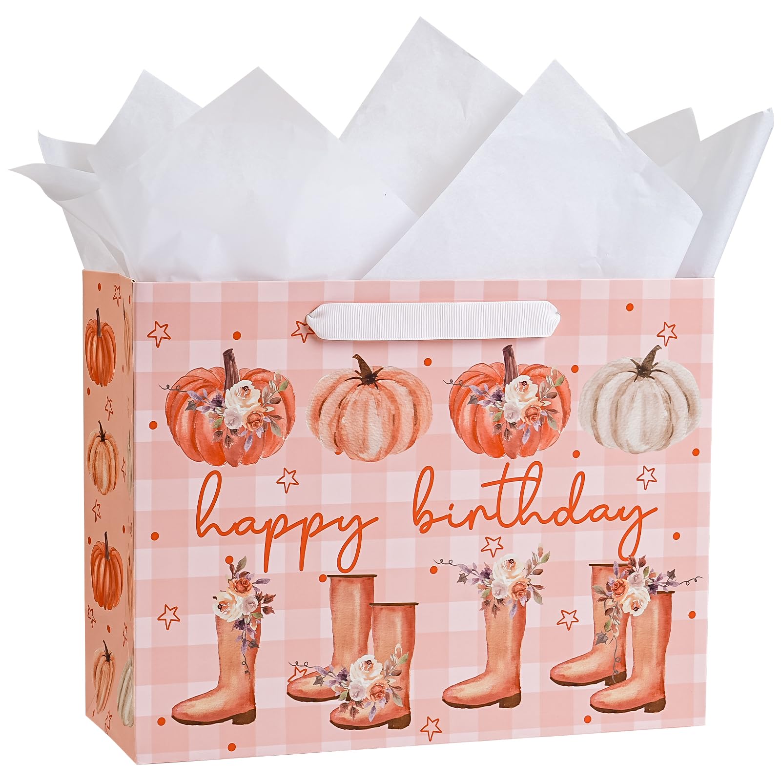 Loveinside 13" Large Birthday Fall Gift Bag with Tissue Paper - Happy Bday Floral Pumpkin Boots Paper Bags for Fall Party, Rustic Birthday and Thanksgiving