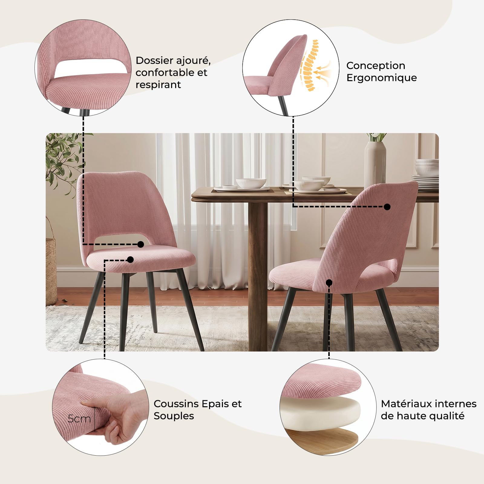 JIJIAN Lot de 4 Chaises de Salle à Manger, Chaises de Cuisine, Chaise de Salon, Chaise en Velours avec Dossier Découpé, Chaises Rembourrées pour Salle à Manger, Cuisine, Chambre, Réception, Rose