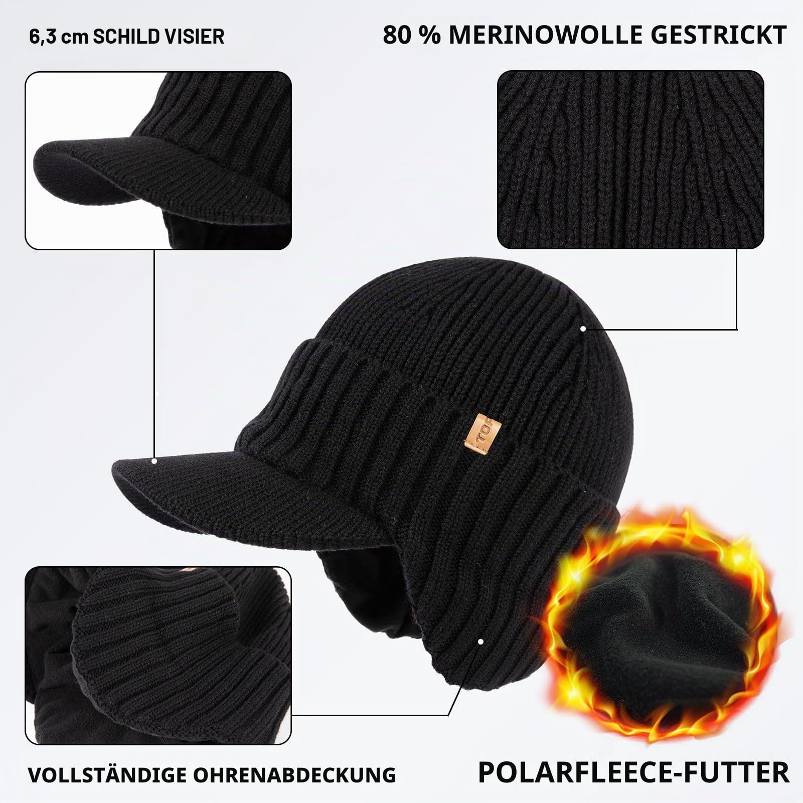 TOP-EX DryKnit Wasserdichte 80% Merinowolle, Schirmmütze für Herren, mit Ohrenklappen & Fleece gefüttert, Winter-Thermo-Golfvisier, Beanie-Mütze für kaltes Wetter, M-XXL