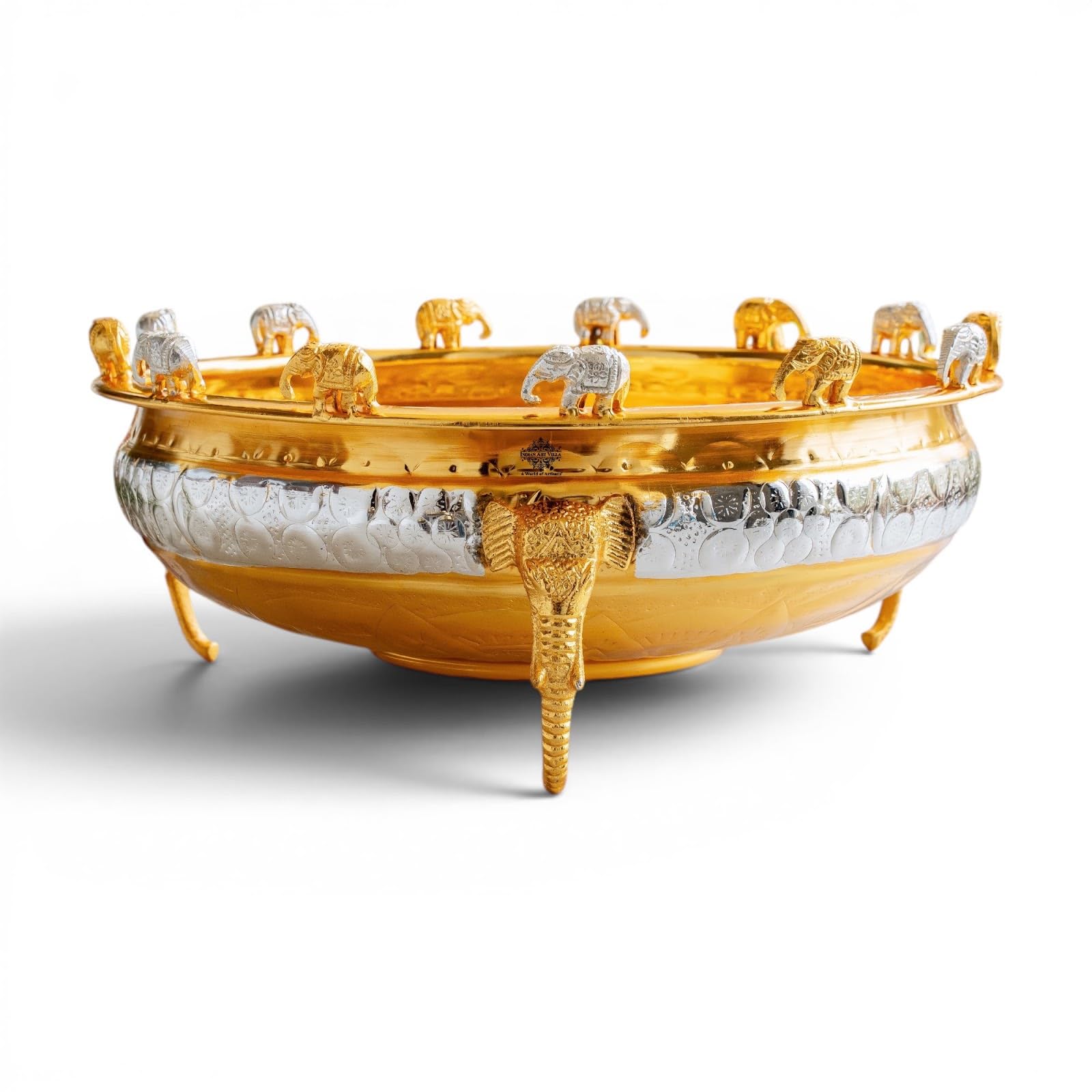INDIAN ART VILLA Gold & Silver Two-Tone Brass Urli with Elephant Figurines & Elephant Legs, 14.3 Inch Decorative Bowl for Floating Flowers & Candles, Home Décor, Diwali, Wedding & Housewarming Gift-image-26