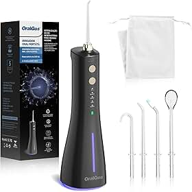OralGos Irrigador Bucal Portátil, com Esterilização UV Water Flosser Elétrico Sem Fio, 300ML, 5 Modos de Limpeza, USB Recarregável, IPX7 À Prova D’Água, 4 Bicos Substituíveis, Viagem e Uso Doméstico (Preto)
