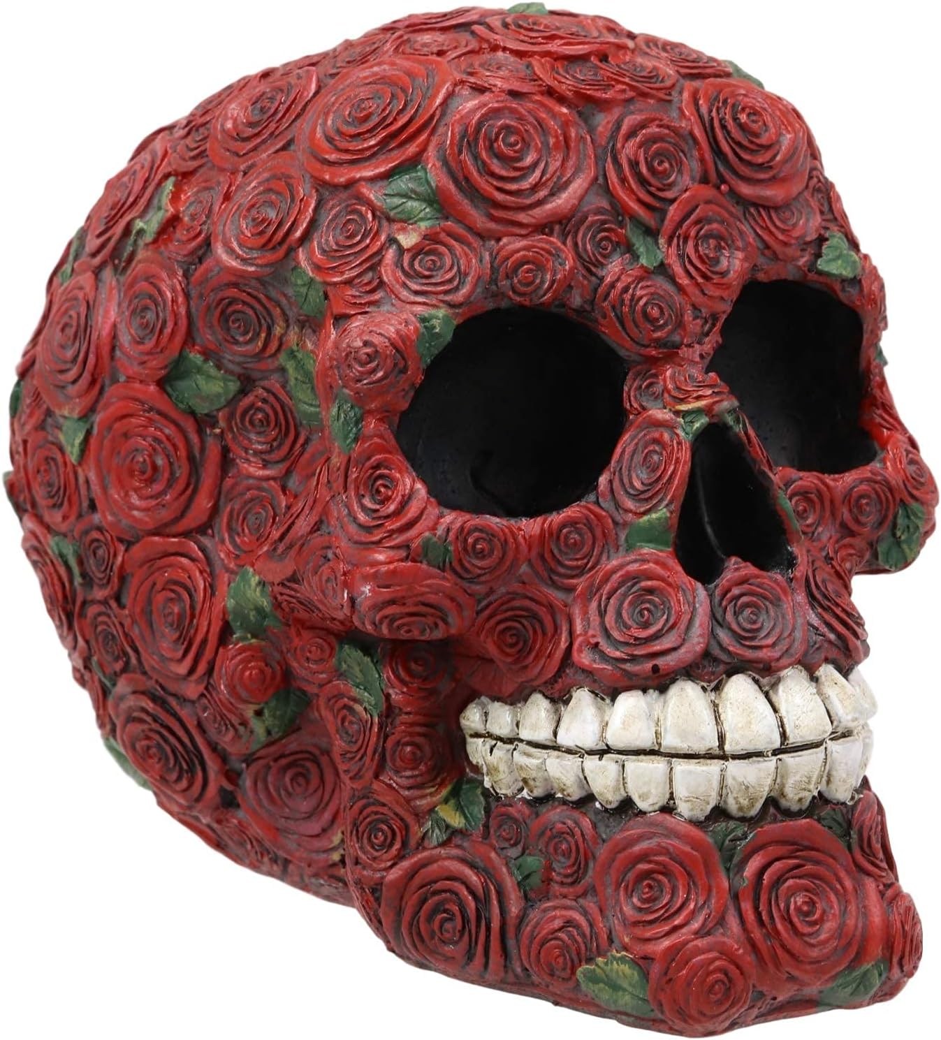 Ebros Valentine's Day of The Dead Red Floral Roses with Green Petals Skull Figurine DOD Rosa Sugar Skulls Statue As Cranium Skeleton Head Halloween Ossuary Macabre Altar Decor Collectible