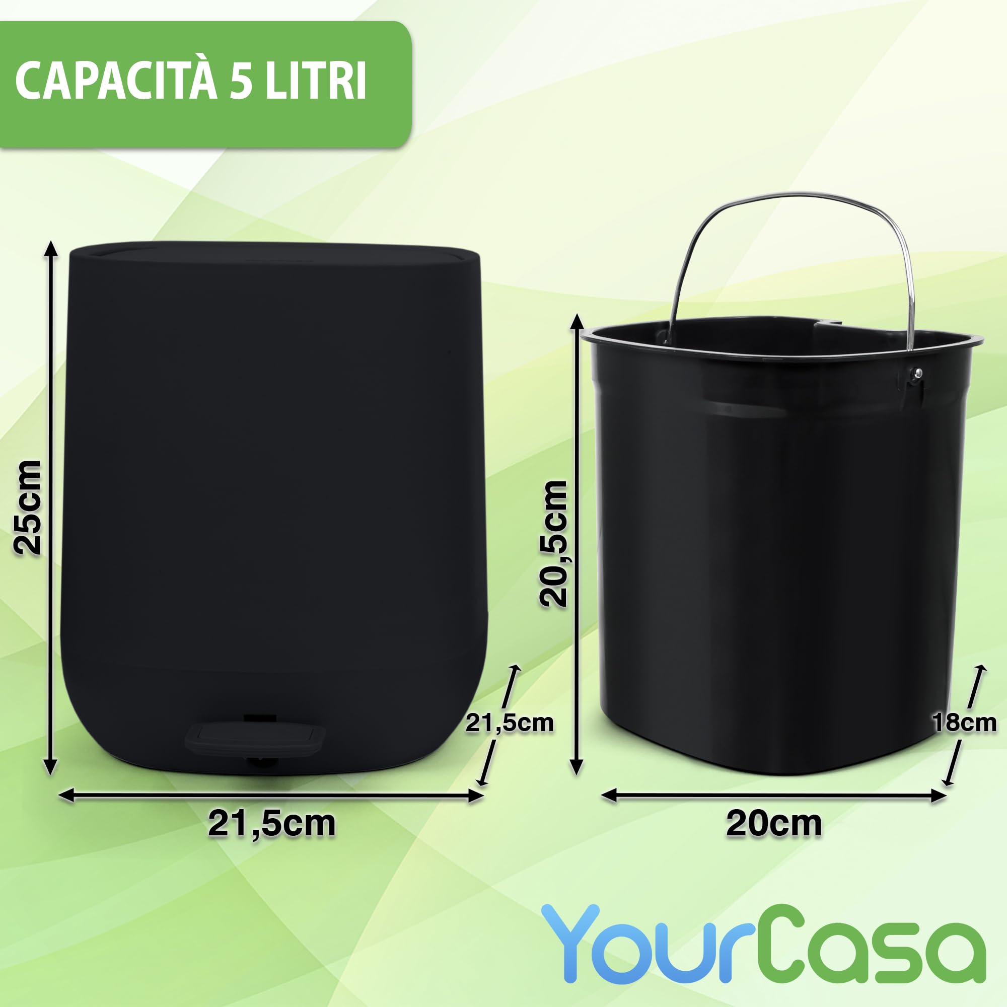 YourCasa Pattumiera da bagno 5 L con coperchio e chiusura morbida nero
