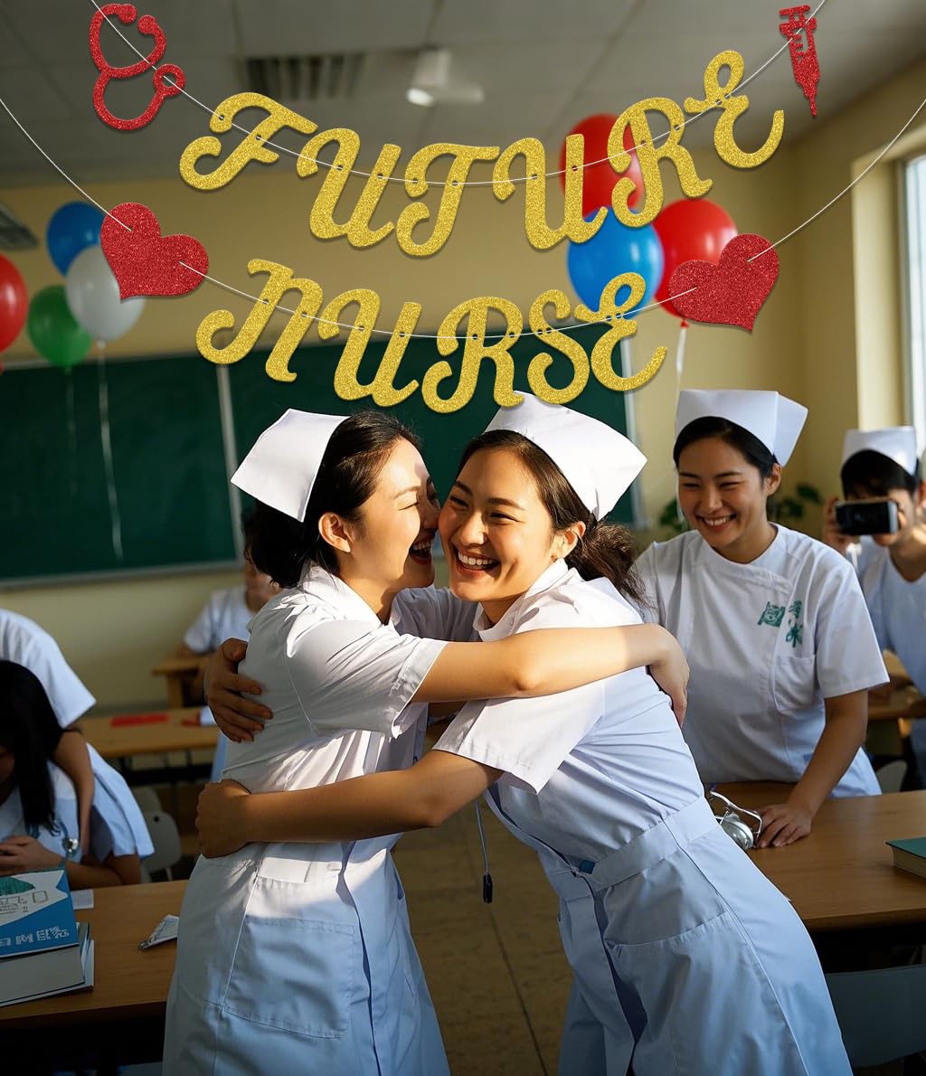 Future Nurse Banner,Congrats Nurse Graduation Party Decoration,Class Of 2025 Nurse School Graduation Party Supplies Gold Red - Image 4
