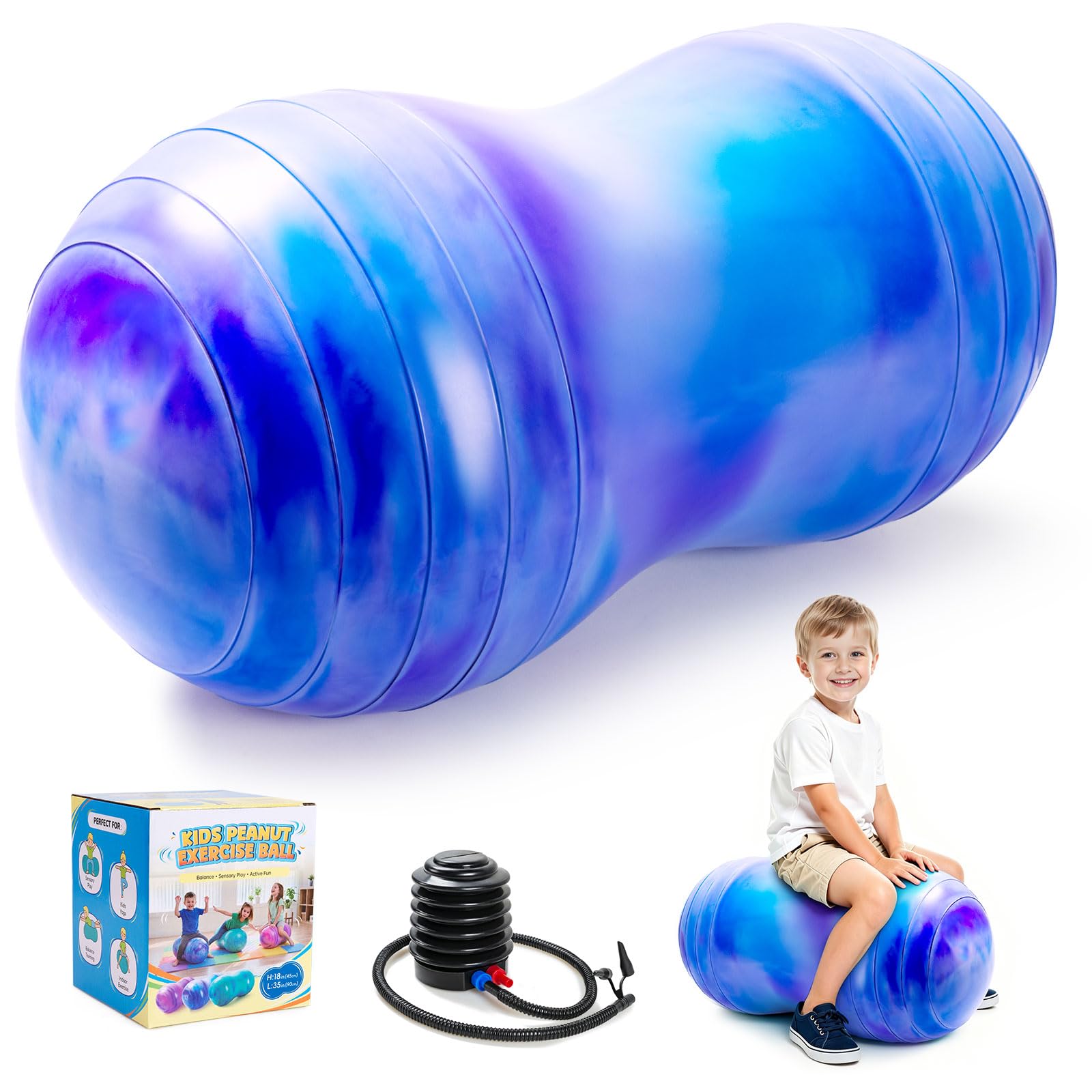ZOOJOY Peanut Ball for Kids -18X35 Inch Anti-Burst Yoga Ball with Pump - Non-Slip Sensory Wiggle Seat for Balance, Core Strength, Physical Therapy - Home, School & Therapy Chair Alternative