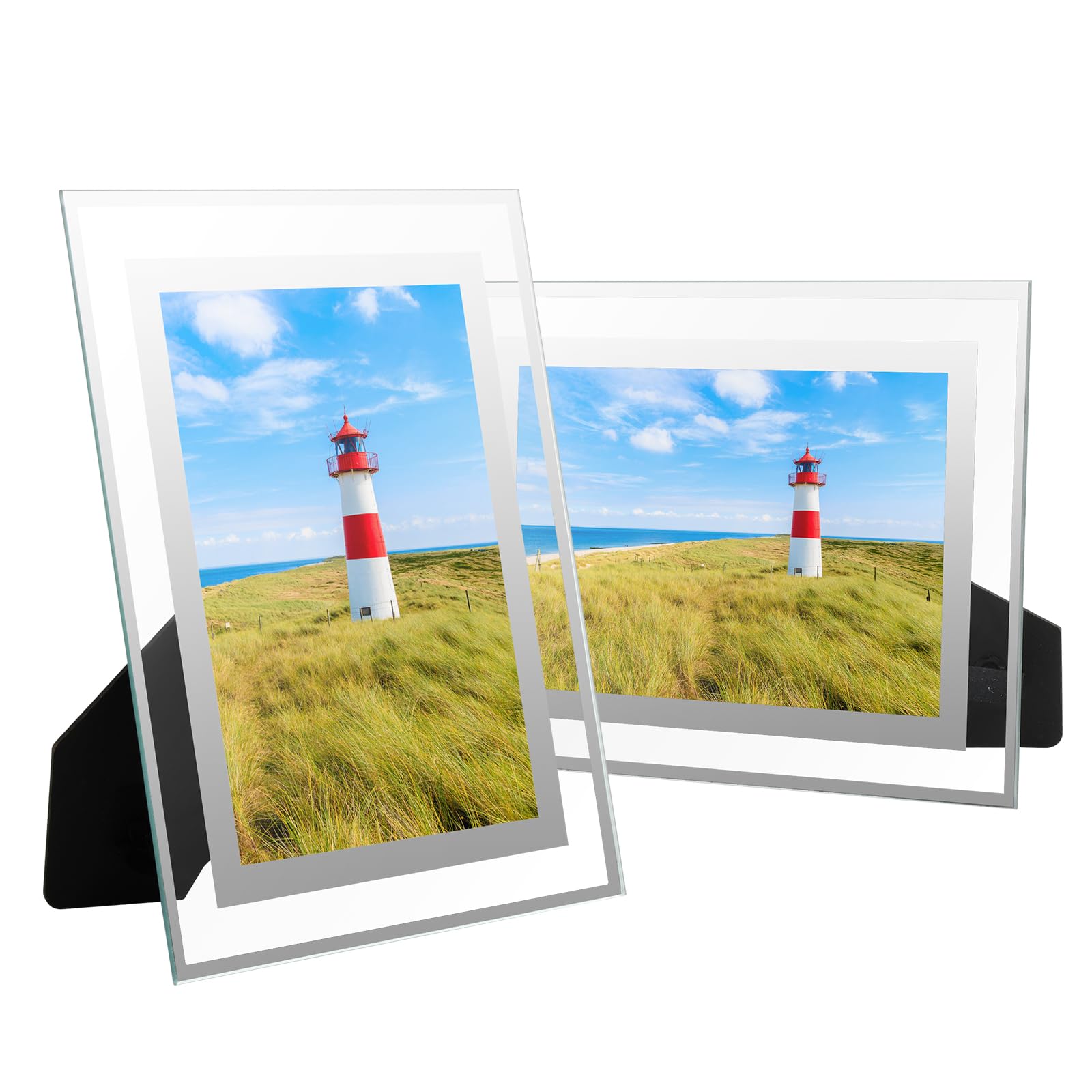 Chstarina Set de 2 Cristal para Marco de Fotos 10x15,Marcos de Fotos Vidrio para la Mesa, Portafotos de Cristal Modernos, Marcos para Cuadros 10x15 con el Borde Plateado, Marcos de Cristal para Fotos
