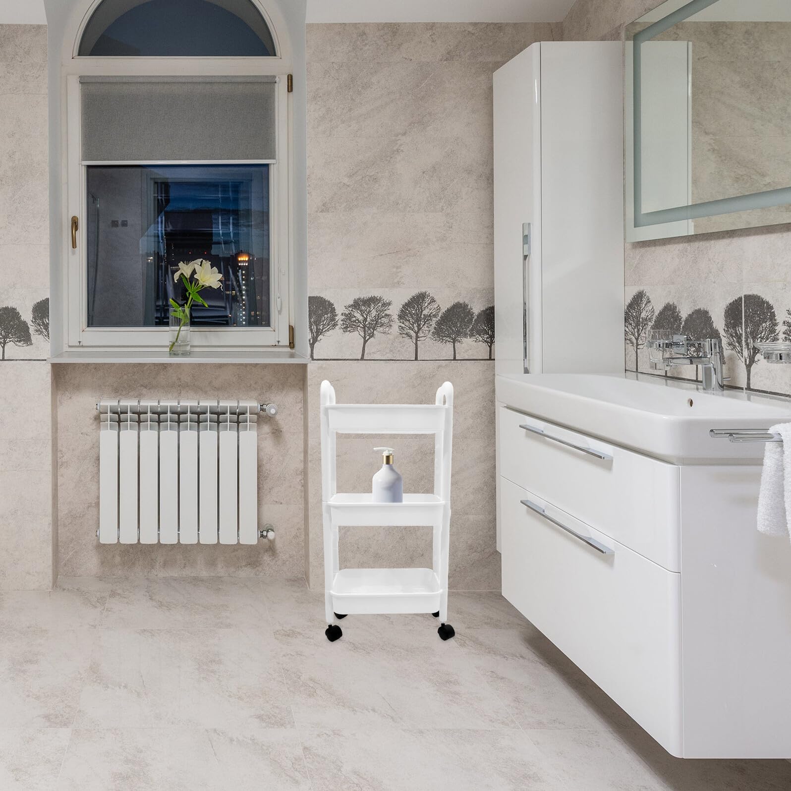 NUOBESTY Carrello Multiuso Struttura in PP Robusta e Portatile Bianco con Ruote Design a Livelli con Ripiani Stretti per Cucina e Bagno