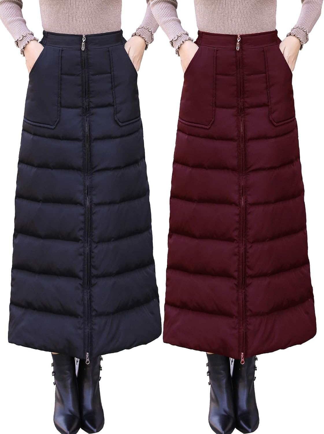 防寒 ロング 巻きスカート 暖かい ストレッチウエスト アウトドア 大きいサイズ キルティングスカート 黒