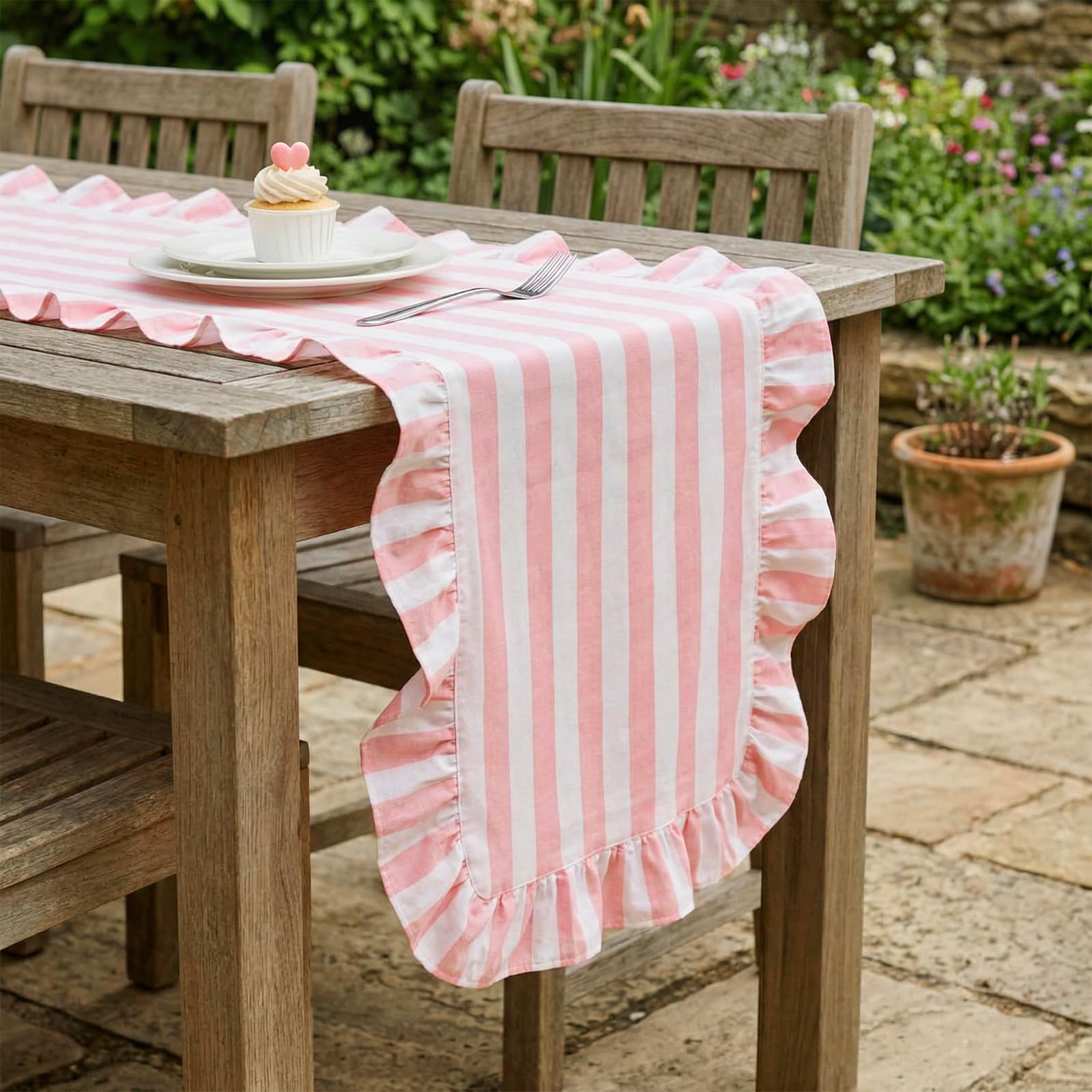 Photo 1 of Tegeme Pink and White Stripe Ruffle Table Runner 100% Cotton Scalloped Table Runner for Home Dinner Birthday Party Decoration Baby Shower Dining Room Kitchen Decor (13"x72")