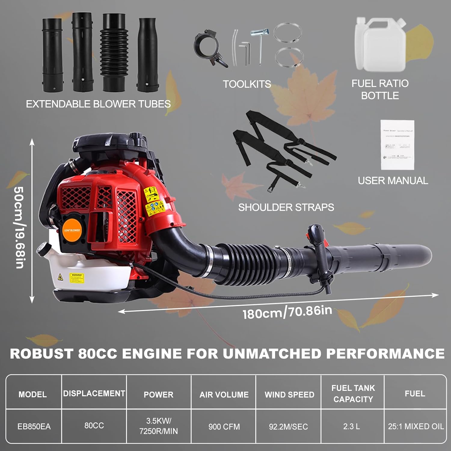 Backpack Leaf Blower Gas Powered, 80CC 900CFM Backpack Blower, Sopladora de Hojas de Gasolina, 206MPH Gas Powered Blower, Gasoline Grass Blowers, Snow Blower for Outdoor