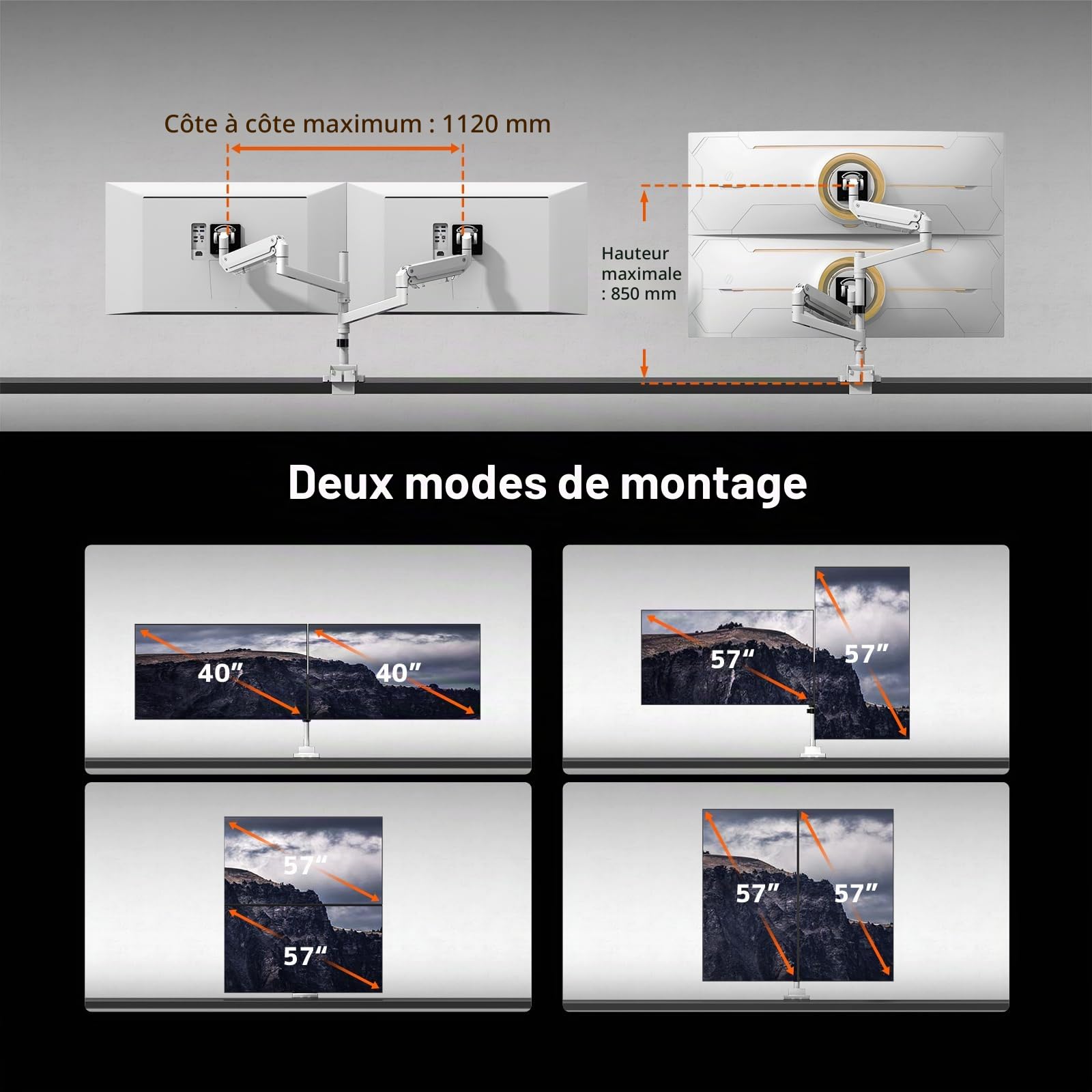 Support d'écran PUTORSEN pour 2 écrans superposés, Compatible avec des écrans de 24 à 57 Pouces et d'un Poids Maximal de 27 kg par Bras, VESA 75/100/200 mm, Blanc