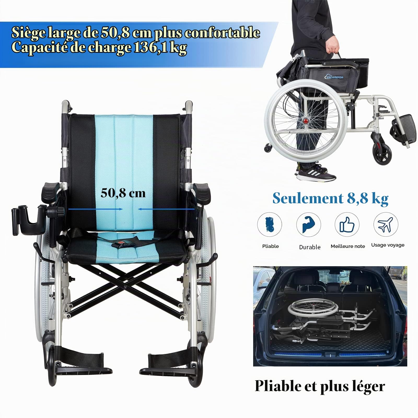 5,8kg Fauteuil Roulant léger, Assise 50cm, Automoteur en Magnésium Argent