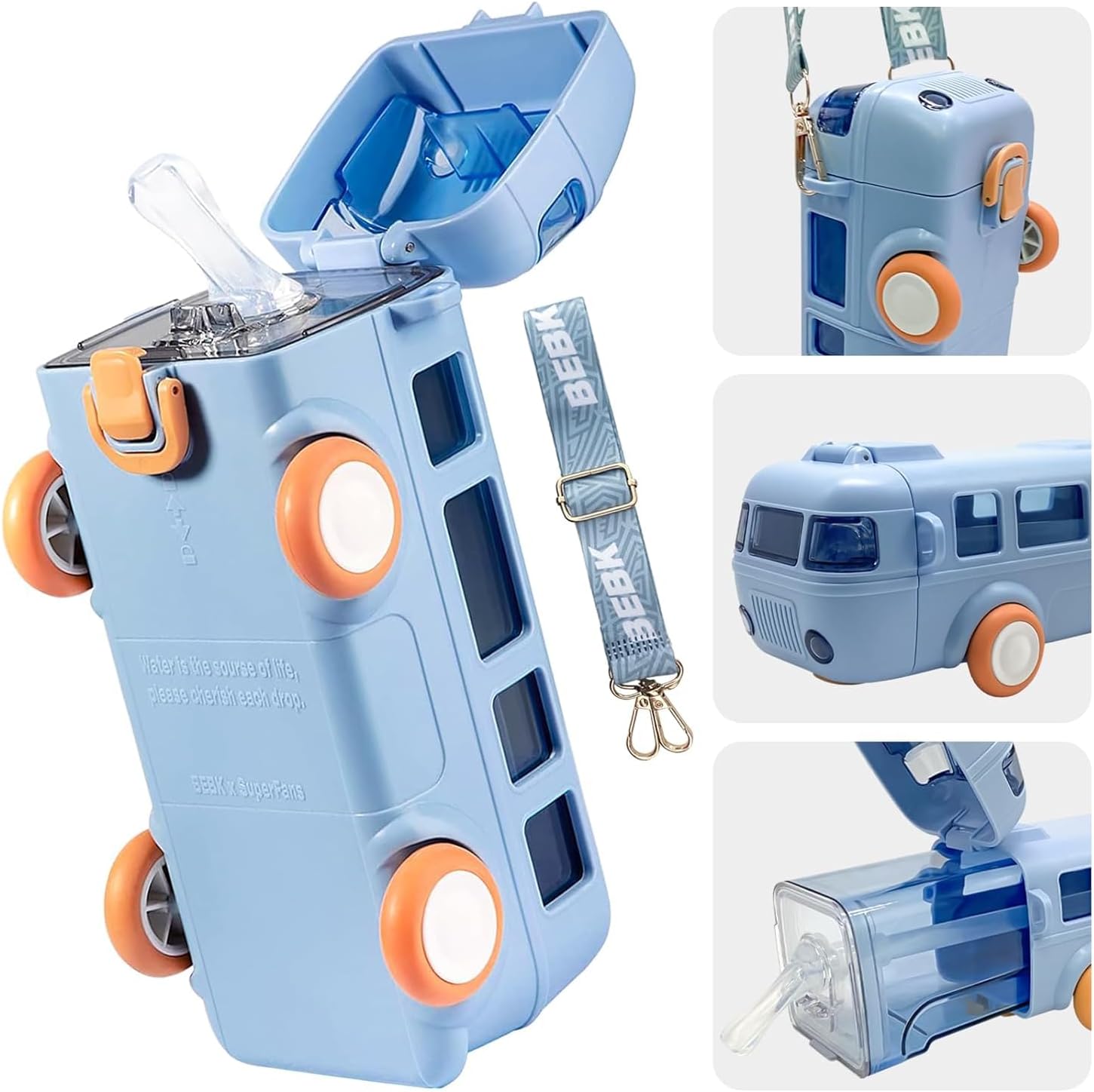 PLUSPOINT Bus Shape Water Bottle for Kids Detachable Straw with Shoulder Strap Leak-Proof Cartoon Water Bottle with Wheels (Color-Blue), Silicone, 500 ML