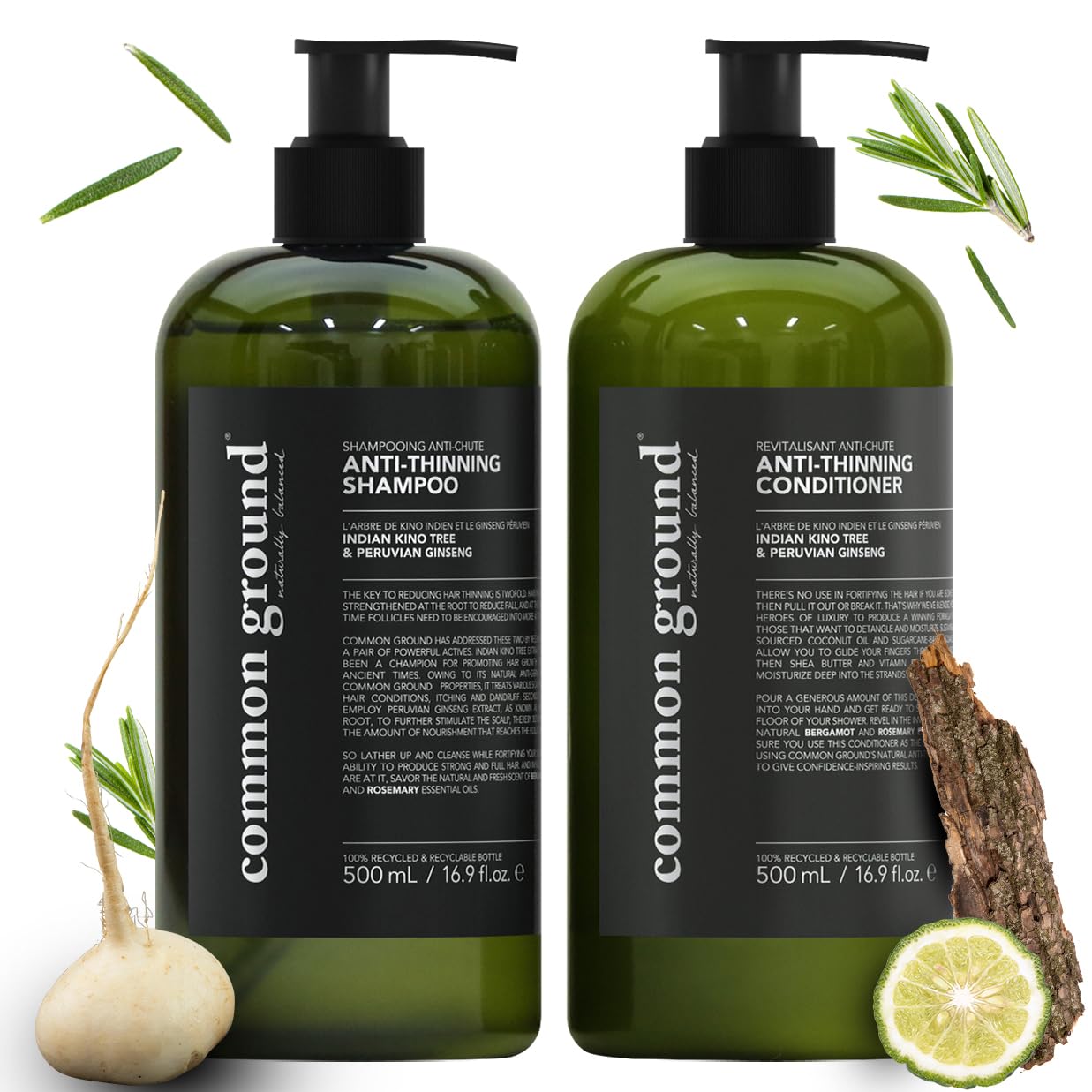 Common Ground Natural Anti Thinning Shampoo and Conditioner Set, Sulphate, Paraben & Cruelty Free, Vegan, Plant-Based, Bergamot, Rosemary Scent, Kino Tree & Ginseng DHT, All Hair, Men & Women