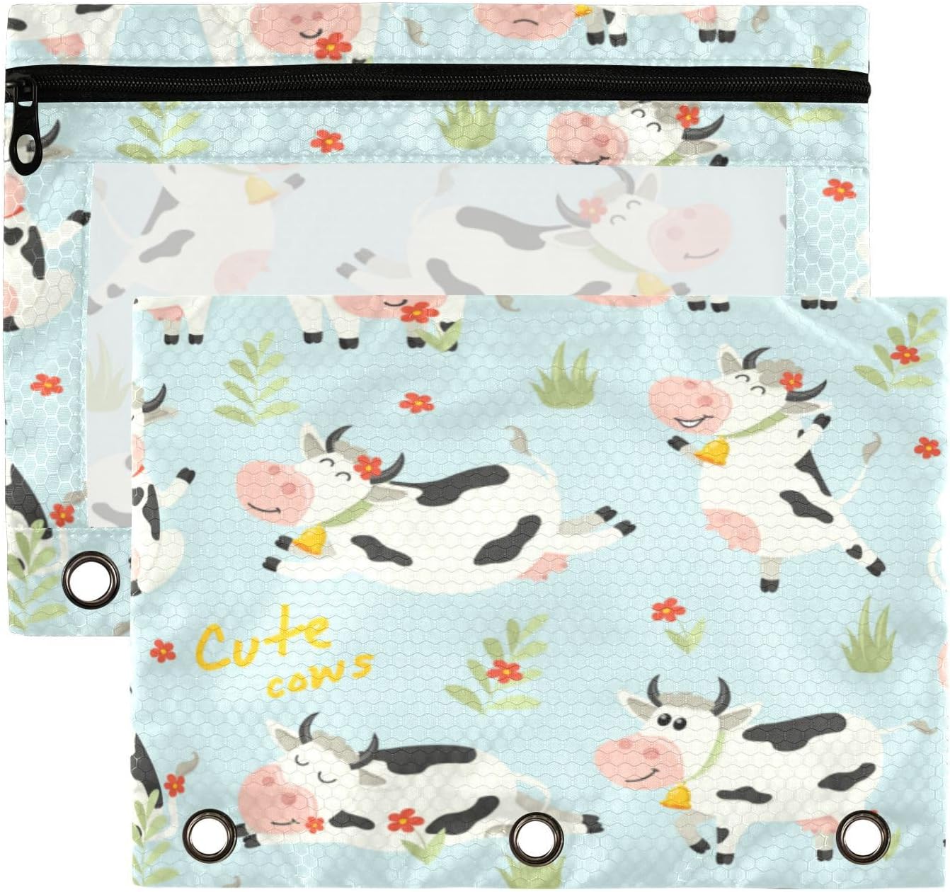 KLL 2 Pack Binder Pencil Pouch 3 Ring Zipper Clear Window Pen Case Big Capacity Cosmetic Bag Storage Container for Storing Office Supplies Cute Cows