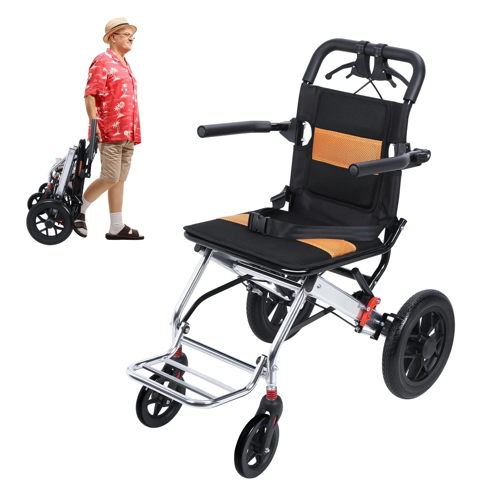 YGNVMCXJG Folding Transport Wheelchair for Adults, Portable Travel Wheelchair with Handbrake, 15.75-Inch Wide Seat, Aluminum Alloy Frame, Narrow Doorways & All-Terrain Wheels, 80kg Capacity