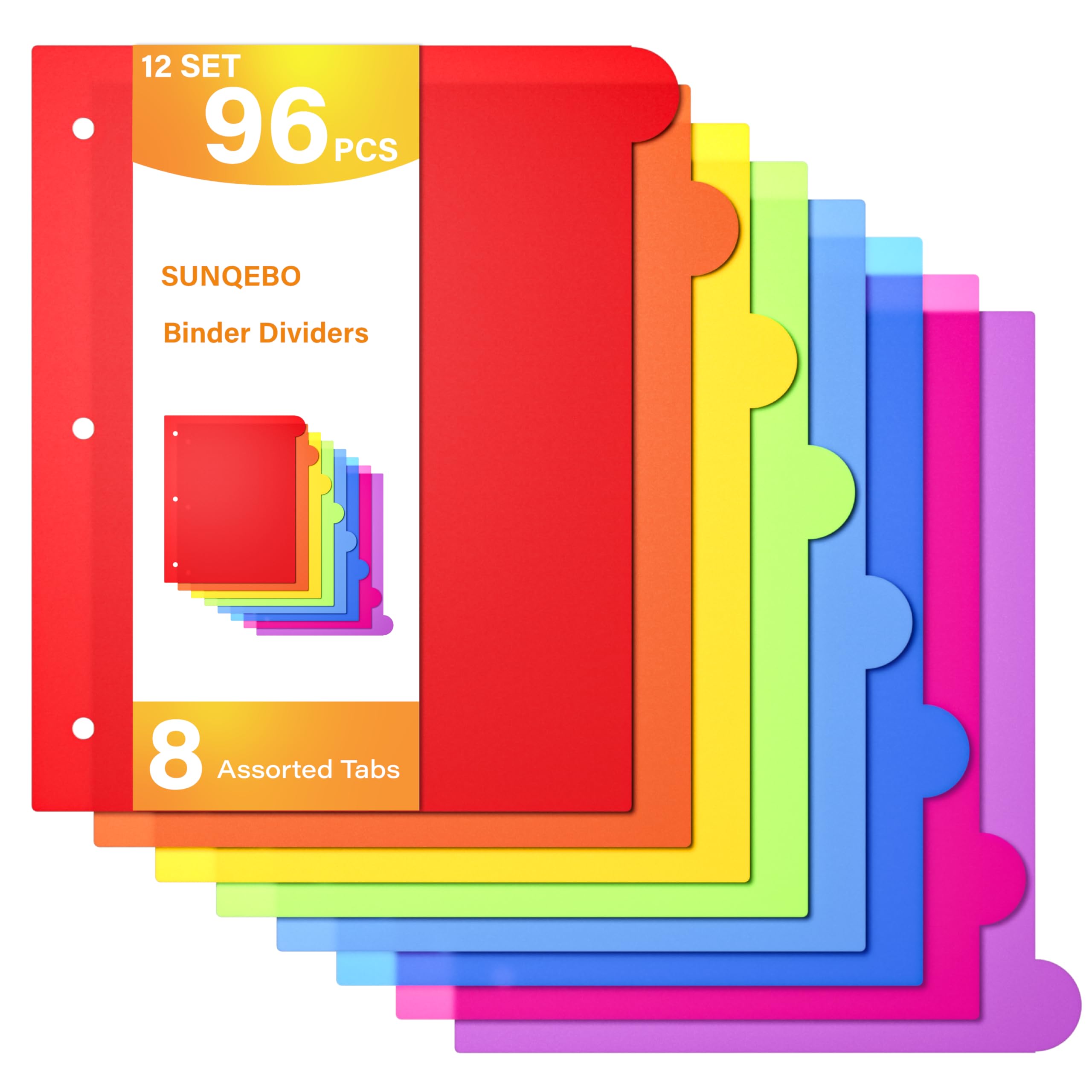 Trennblätter für 3-Ringordner, 8 Register, 96 Stück, Kunststoff-Trennblätter mit Tabs, 3-fach gelochte Trennblätter, Index-Taber, farbige Buchstabengröße, für Schule, Büro, mehrfarbig
