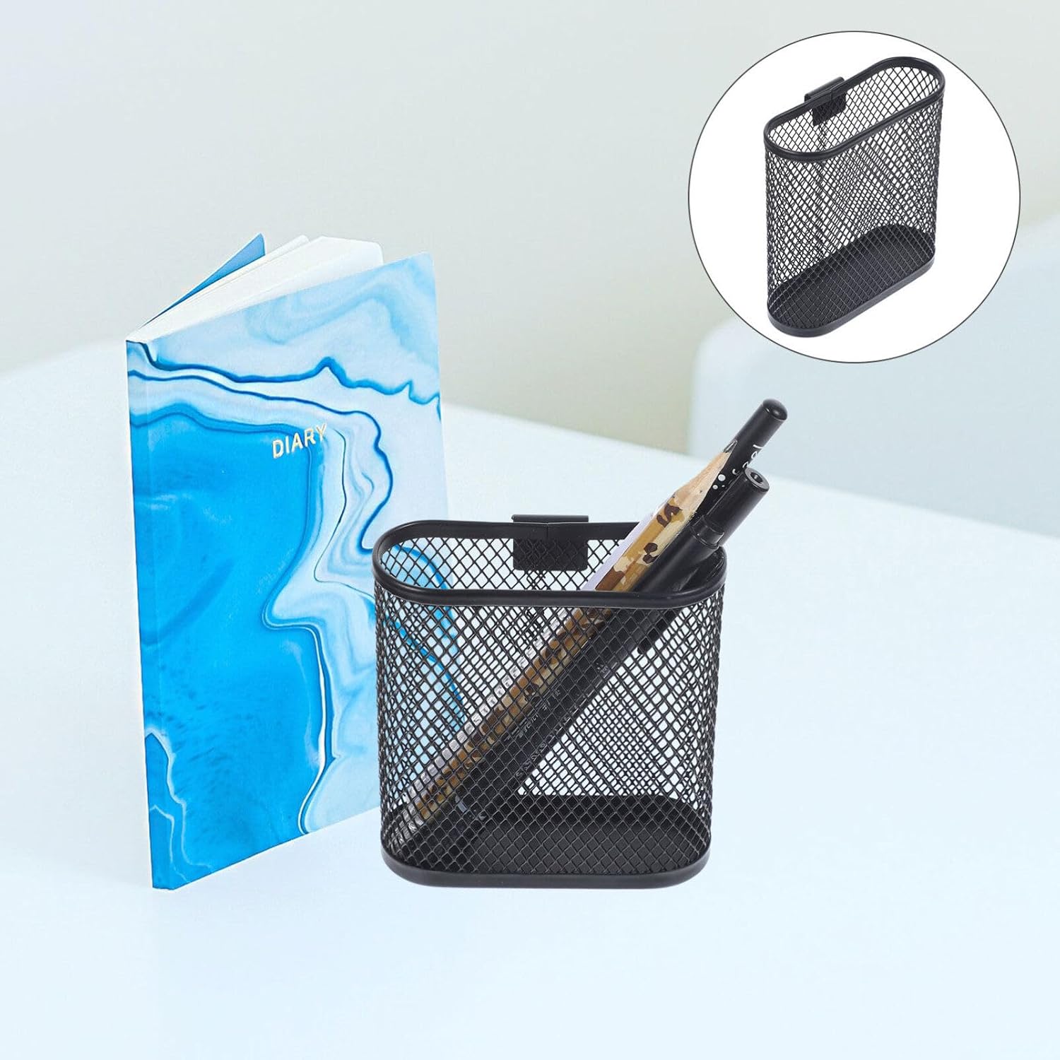 Black Mesh Pen Holder Oval Shape Metal Desk Organizer for Office Stationery Storage, 3.93 X 3.54 X 1.37 Inch - Image 5