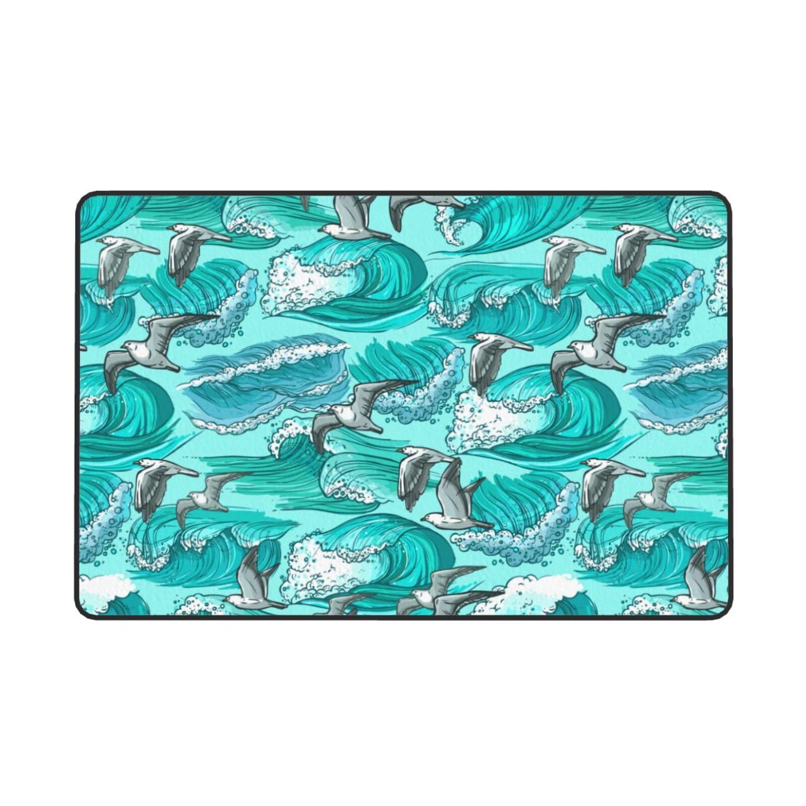 Onde Schizzo Gabbiano Uccelli, Tappeto grande antiscivolo per soggiorno e camera da letto, 150 x 100 cm.