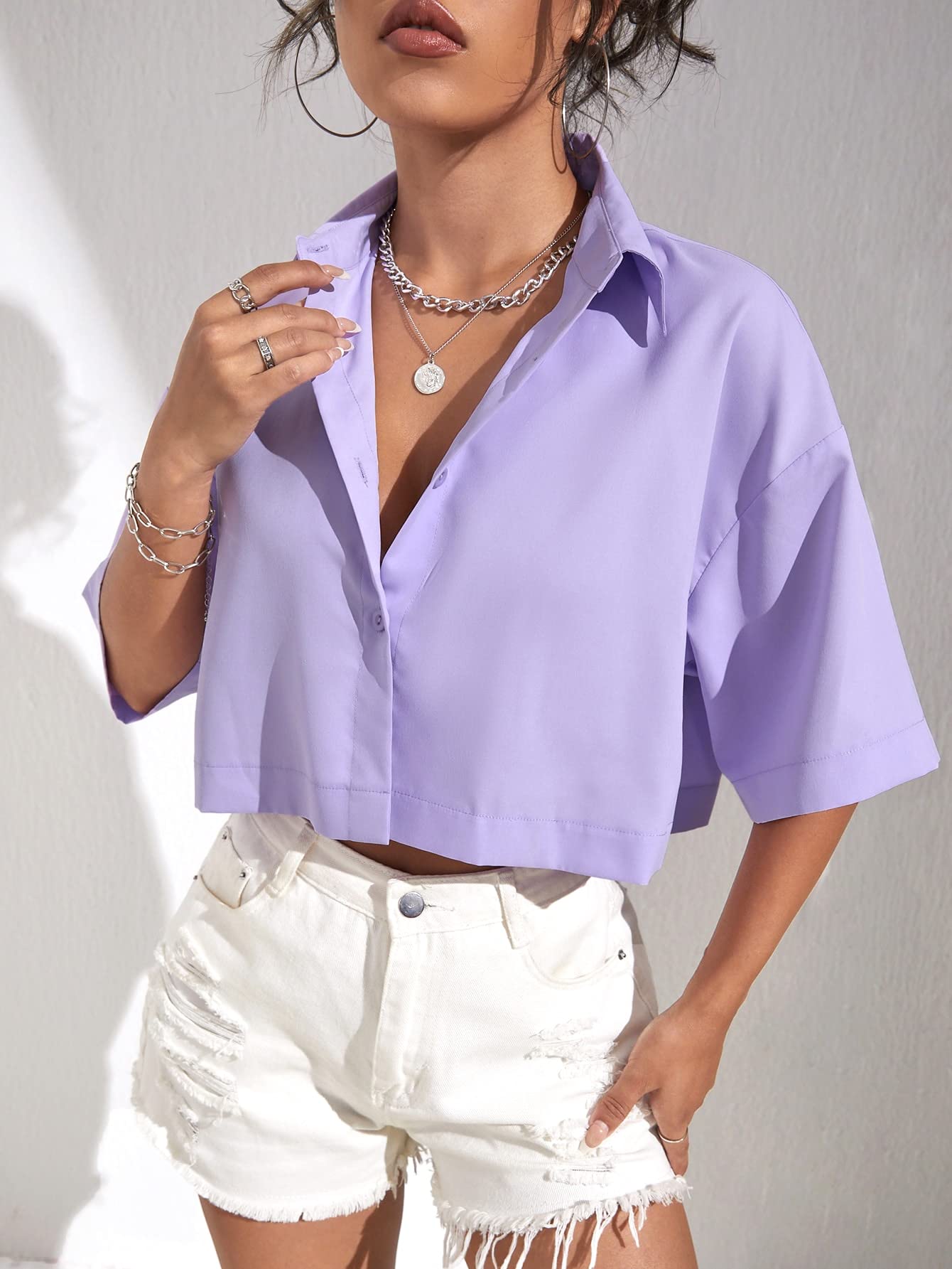 Amazon.com: Womens Summer Tops Solid Drop Shoulder Crop Blouse