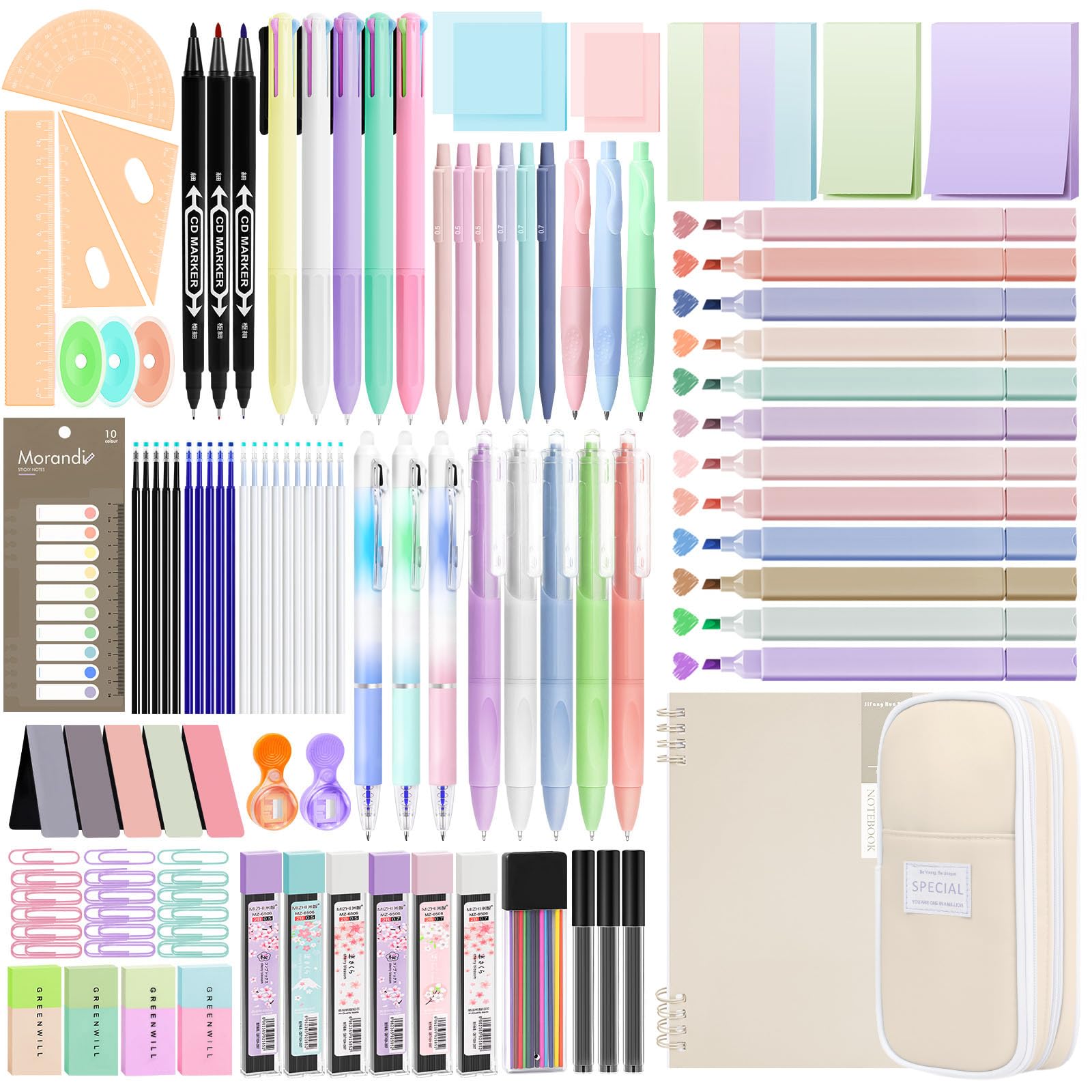 146PCS Aesthetic Stationery Supplies with Pen Case & Notebook,12 Pastel Highlighters,3 Erasable Pens,5 Multicolor Pen,5 Gel Pen,9 Mechanical Pencil Stationery Set for Students School Supplies, Beige