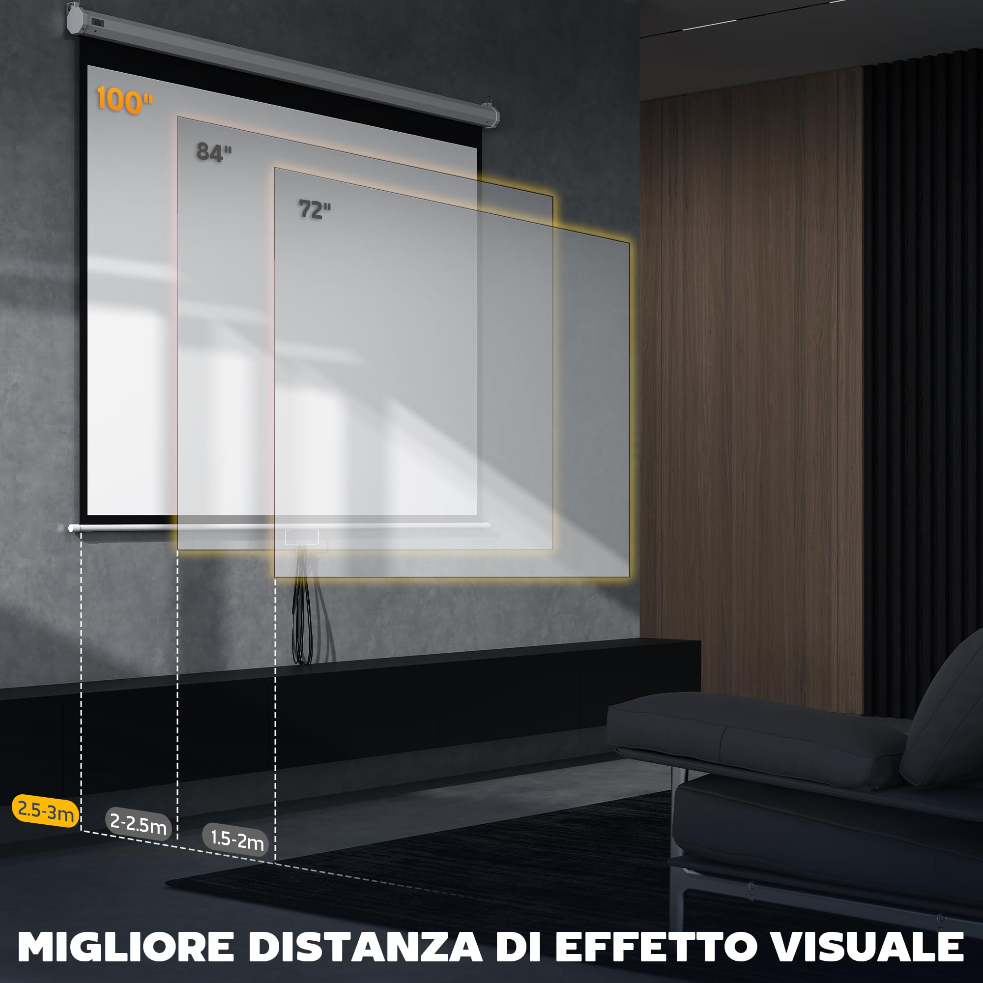HOMCOM Telo Proiettore da 100 Pollici 4K HD Formato 4:3/16:9, Altezza Regolabile Manuale, Schermo Proiettore, Grandangolo di 160 Gradi, Telo Videoproiettore per Casa, Home, Cinema, Ufficio, Bianco