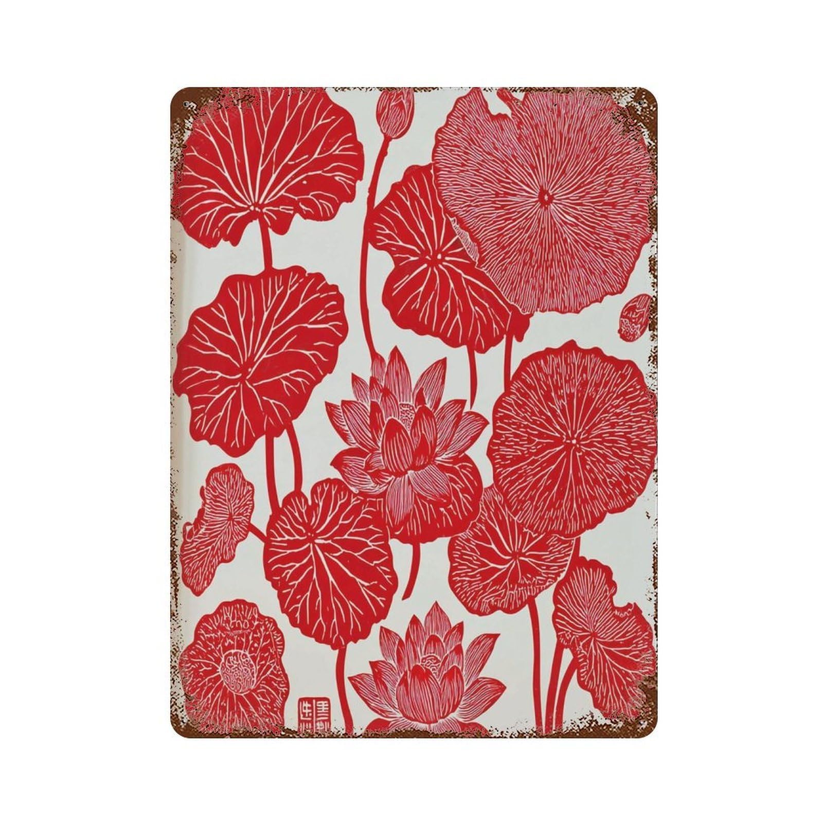 xiaoxiaoshen Red Lotus Asian Inspired Botanical Flower Modern Zen Home Or Studio Wall Decor Art Metal Tin Poster Modern Home Decor Art Home Bar Shop Decorations Vintage Sign 40x30cm