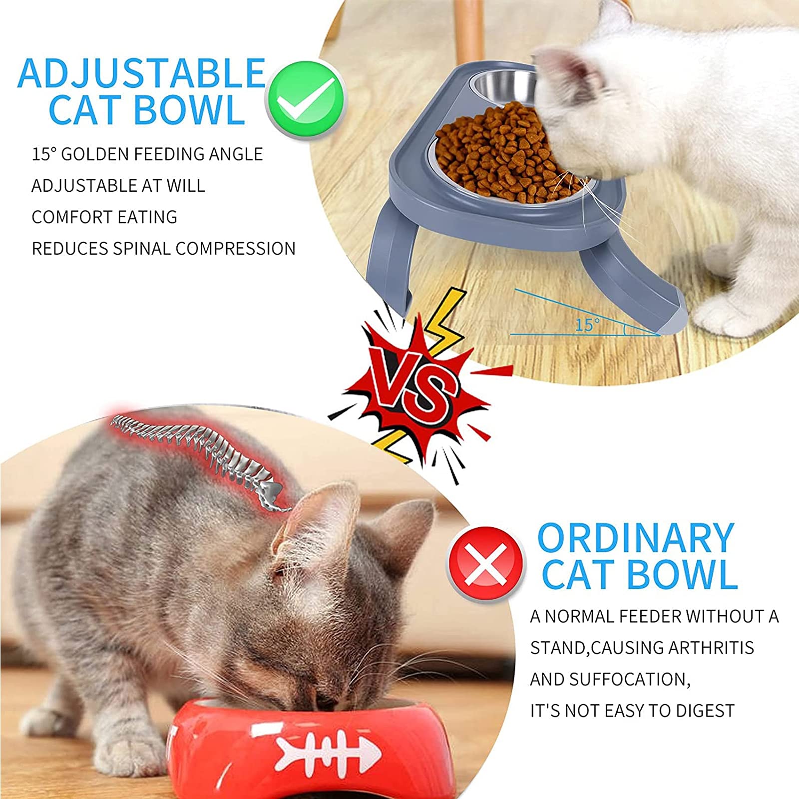 Comedero Para Gatos Perros Elevados,Alturas Ajustables,Comedero Y Bebedero Para Mascotas Con Extraíbles Doble Del Acero Inoxidable Cuencos De Agua Para Golosinas Para Cachorros Gatos Perros ,Gris