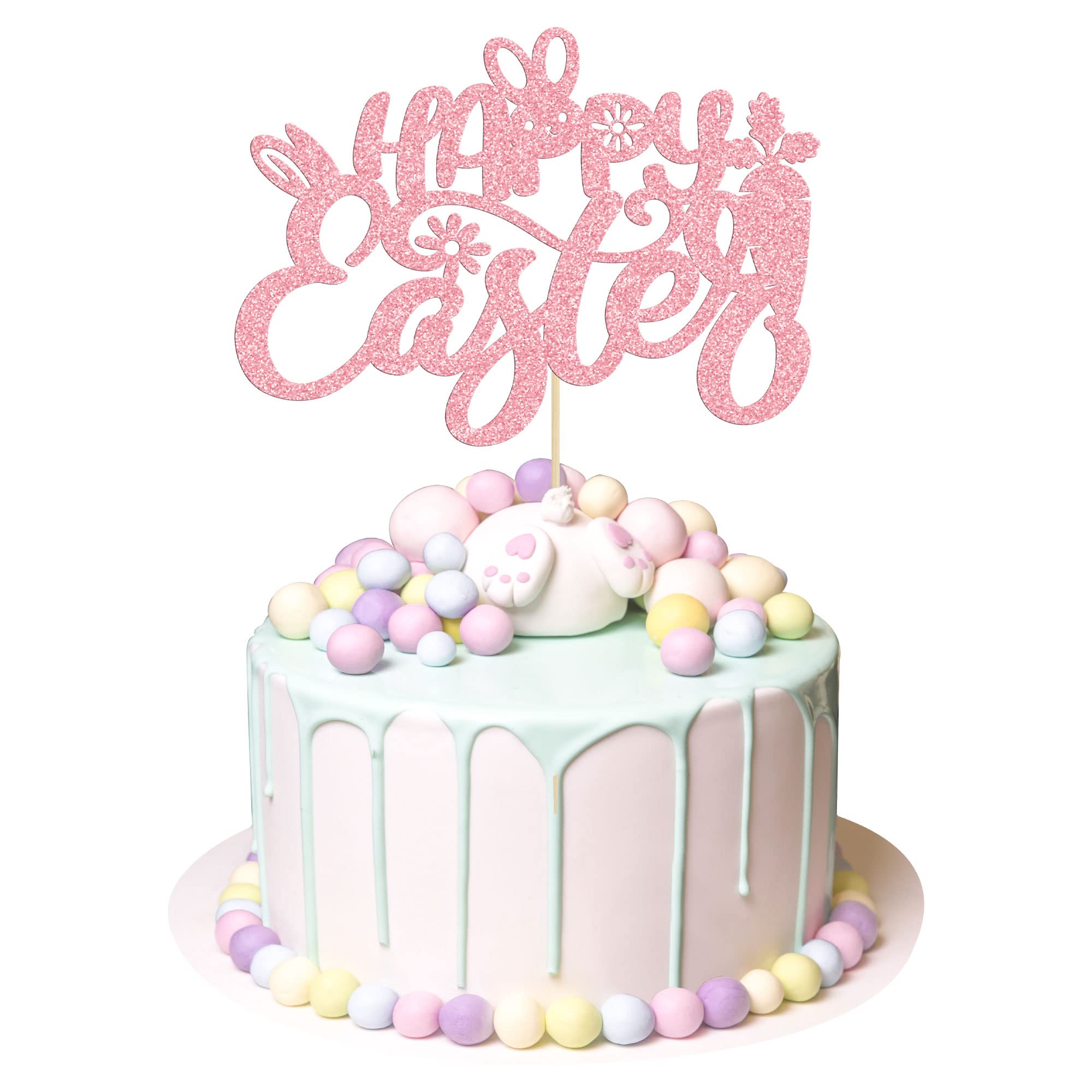 1Pc Happy Easter Cake Topper Pink Glitter Rabbit Carrot Cake Food Pick Bunny Cake Decorations for Happy Easter Themed Baby Shower Kids Birthday Party Supplies — image 1