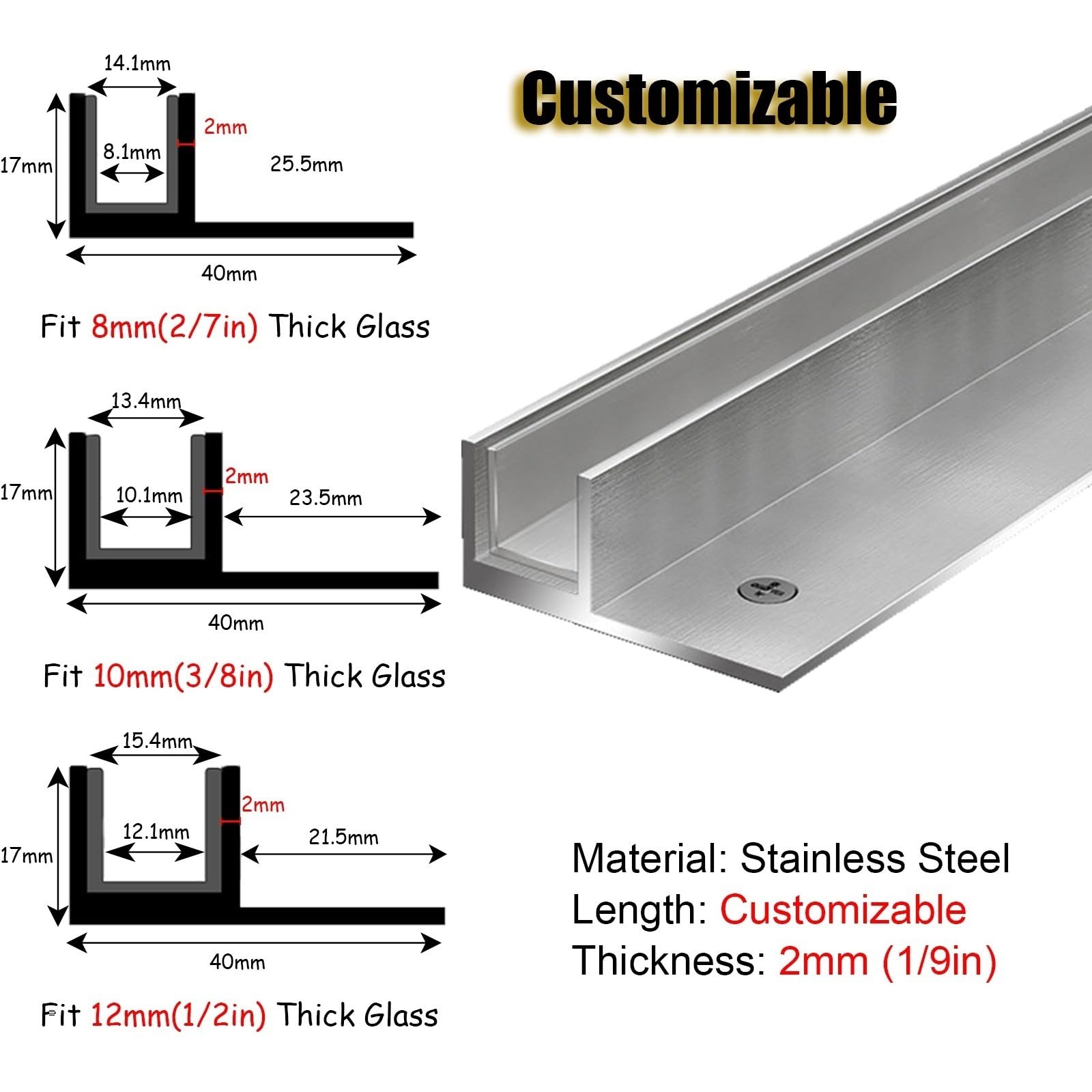 Puerta de ducha con canal F, ranura de perfil de acero inoxidable con sello integrado para uso en interiores y exteriores, canal de fijación de vidrio (12 mm, 1,9 m de longitud)