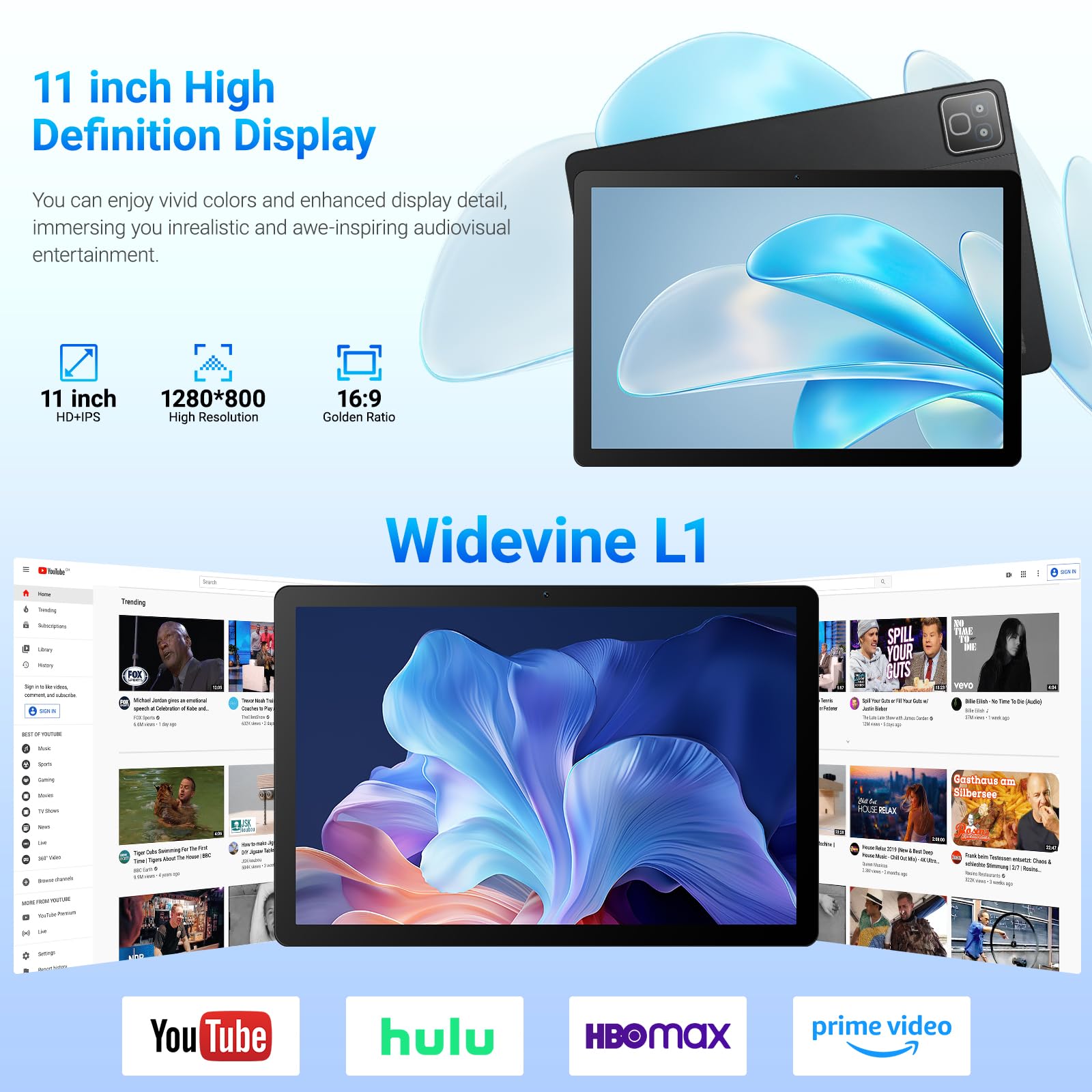 11 Pouces Tablette Android 16, 32Go RAM 256Go ROM (1To TF Extensible), 7800 mAh, écran HD 1280 * 800, Widevine L1, WiFi 6 et BT5.4, Doubles Caméra Android Tablettes Pad, Noir