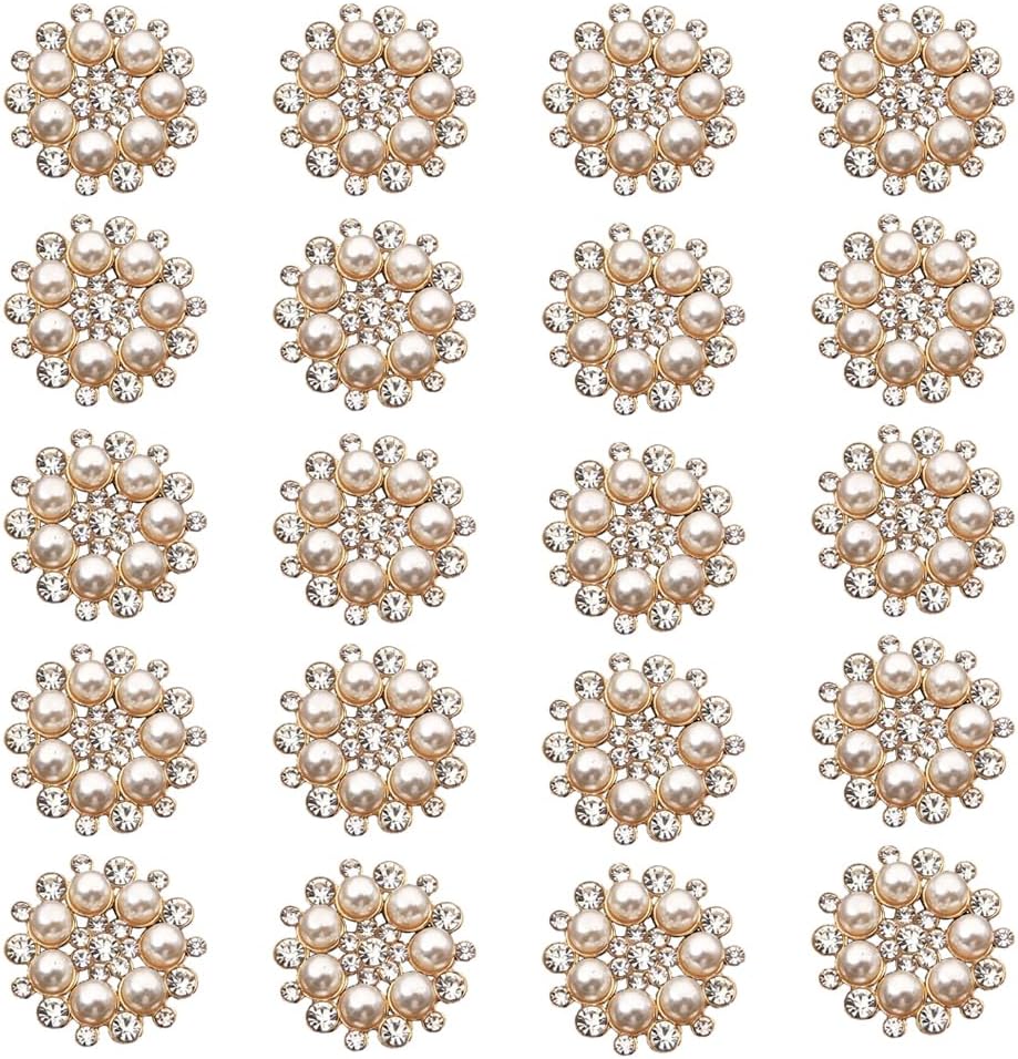 20Pcs Pearl Rhinestone Flower Buttons Embellishments Craft Rhinestone Crystal DIY Craft for Bags Shoes Dress Wedding Party Home Decoration (Silver)