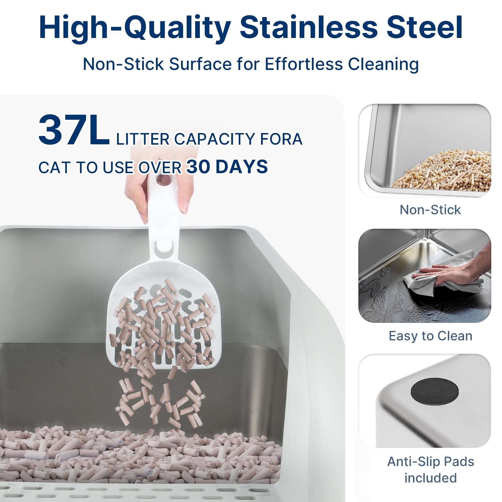 23.6"x15.7"x6" Stainless Steel Litter Box with Lid, XL Sifting Litter Box for Pine Pellets with Removable Drawer Pan for Easy Cleaning, High Sides Large Metal Litter Box System for Big Cats - image 4
